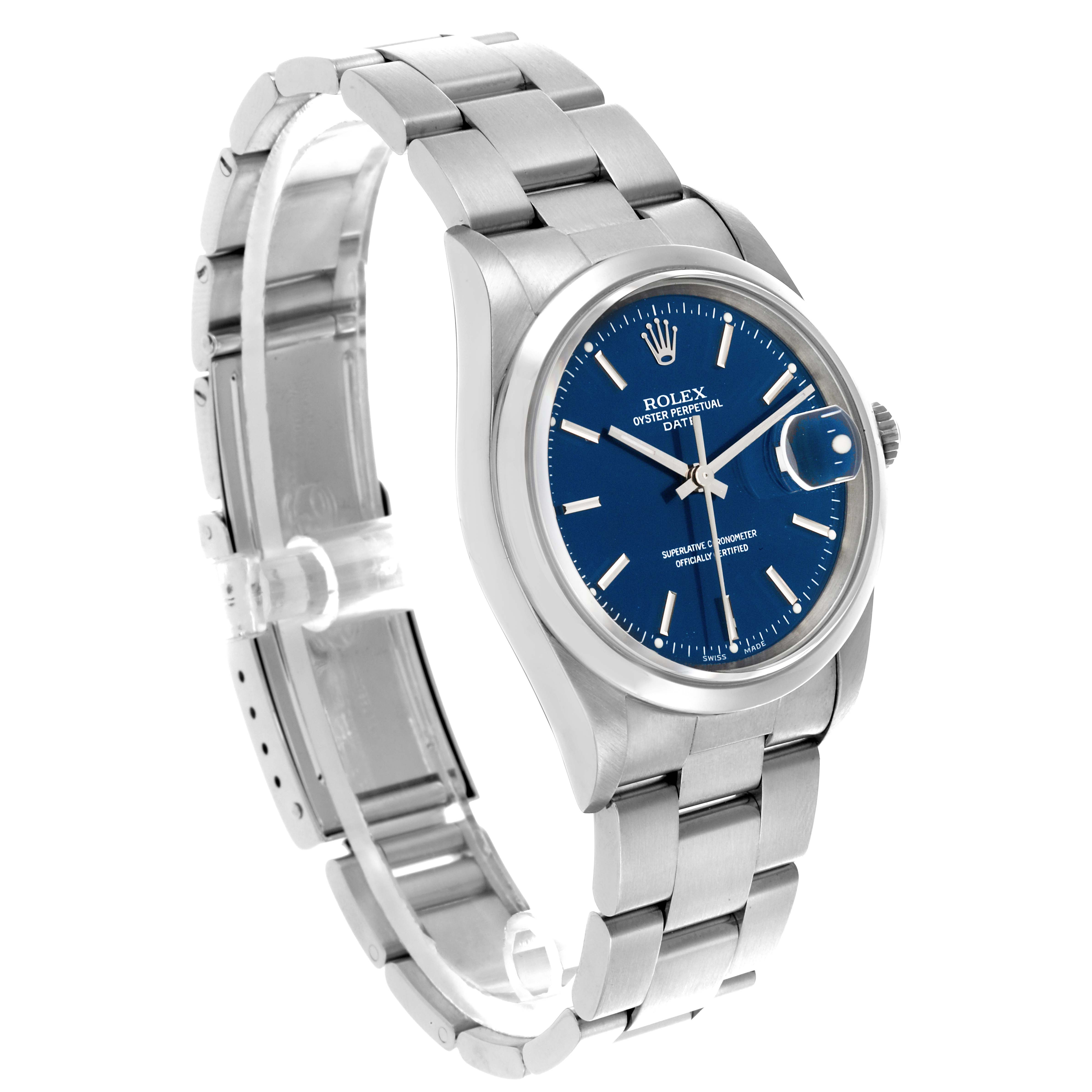 The Rolex Date 15200 Men's Stainless Steel Blue Dial 15200 Men's Stainless Steel Blue Dial model is shown at a three-quarter angle, highlighting the blue dial, stainless steel case, and bracelet.