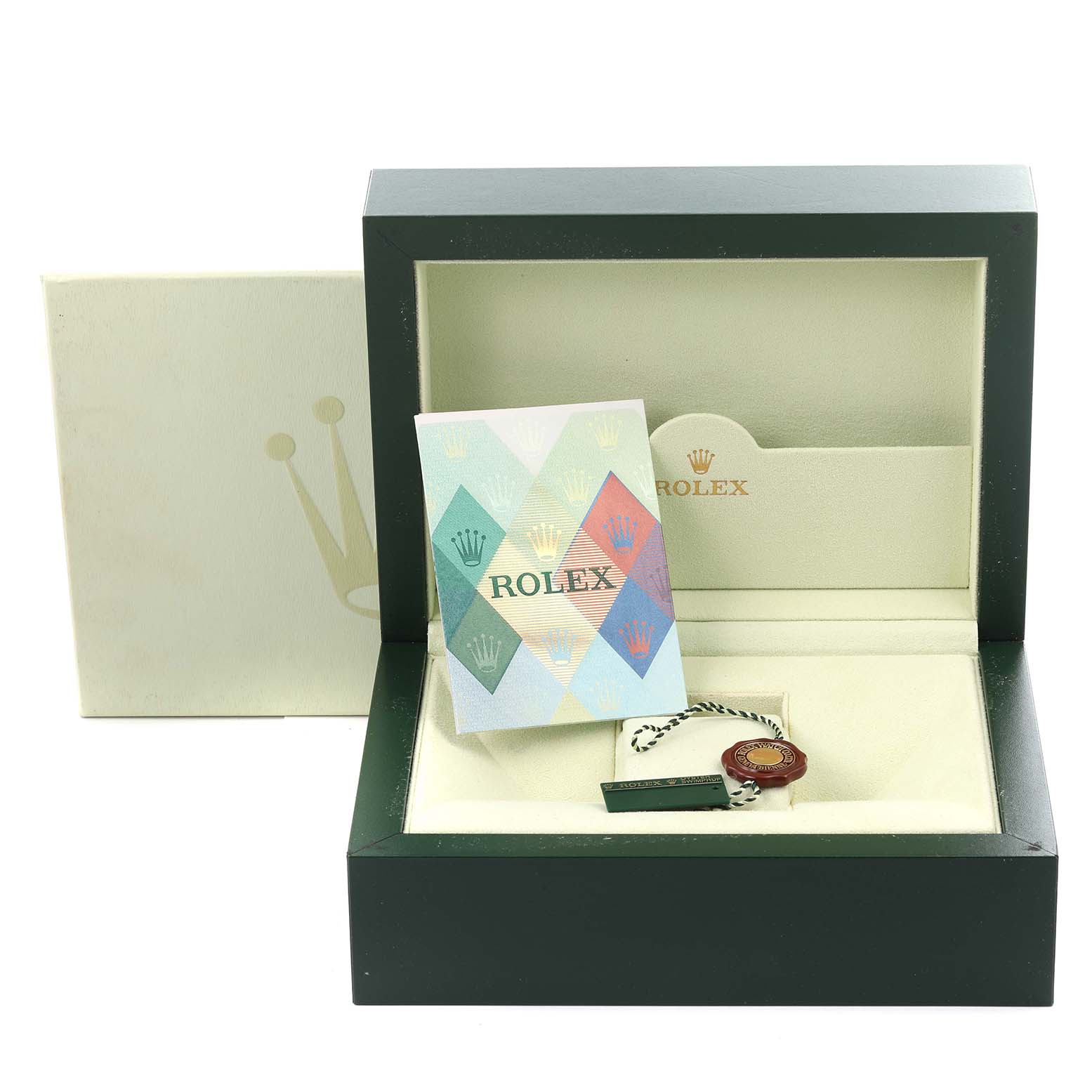 The image shows a Rolex Date 15200 Men's Stainless Steel Blue Dial 15200 Men's Stainless Steel Blue Dial model box with a booklet and tag, viewed from the front.