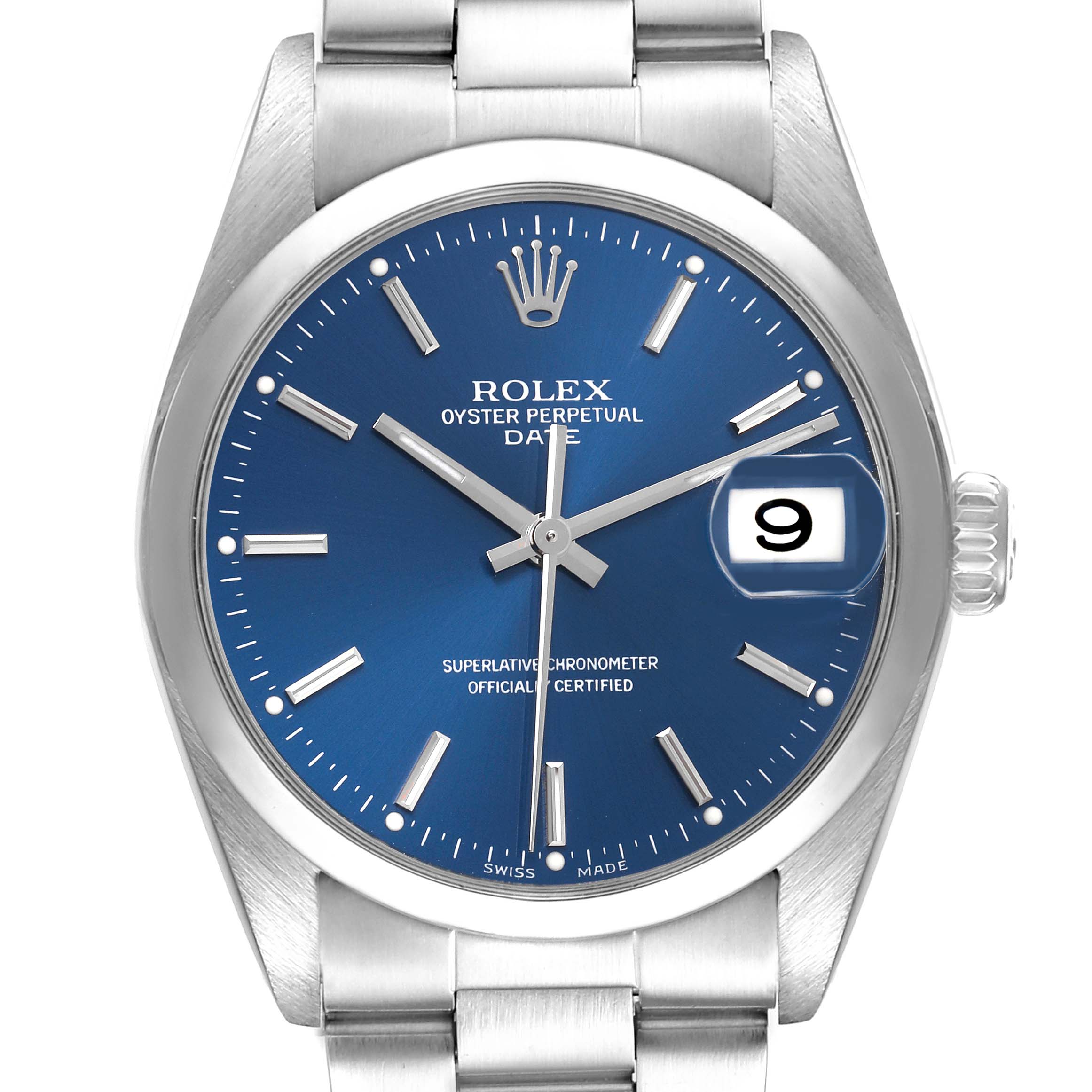 The Rolex Date 15200 Men's Stainless Steel Blue Dial 15200 Men's Stainless Steel Blue Dial model watch is shown from a front angle, displaying the dial and part of the bracelet.