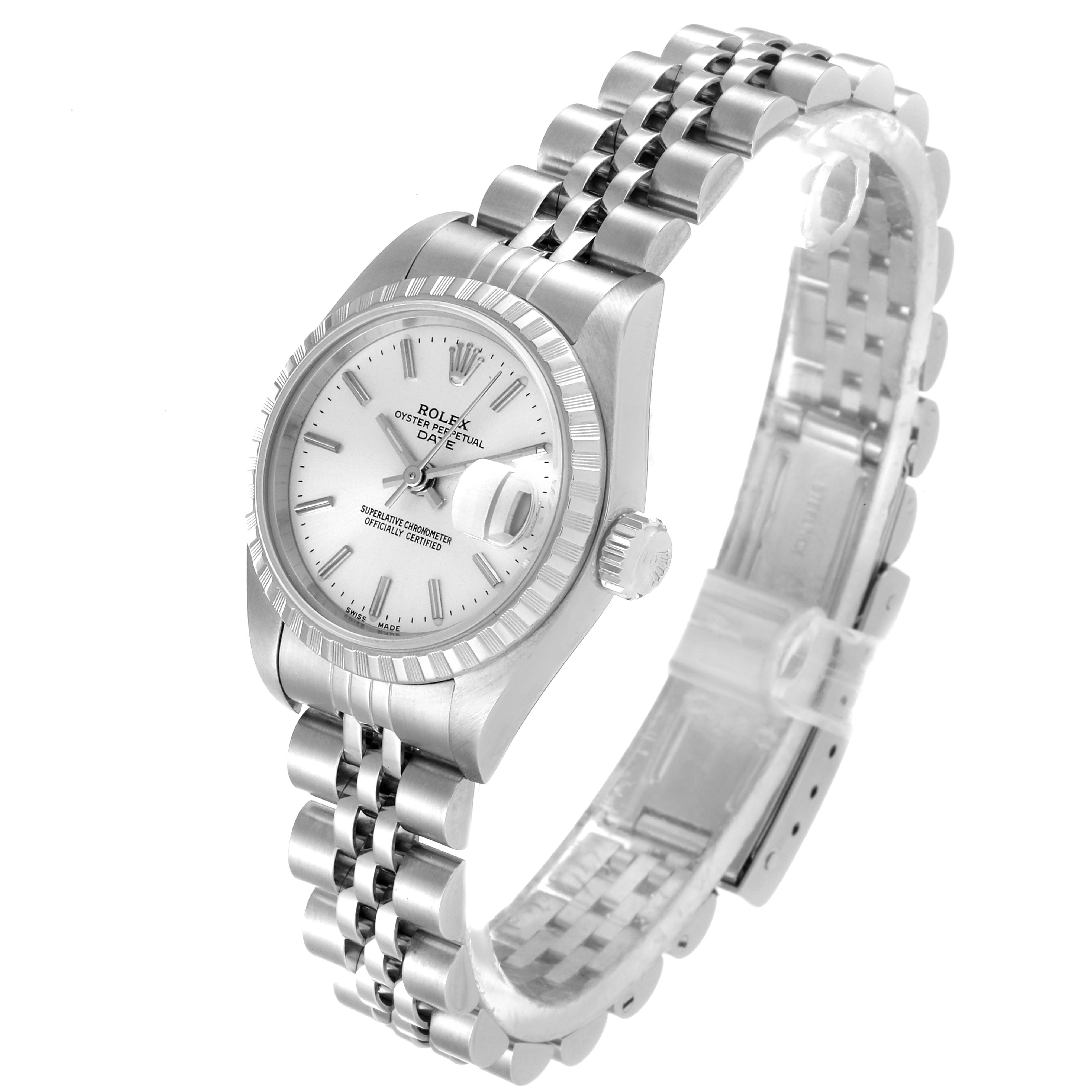 The image shows a Rolex Date 79240 Women
s Stainless Steel Silver Dial 79240 Women
s Stainless Steel Silver Dial model watch at an angle featuring the dial, bezel, crown, and Jubilee bracelet.