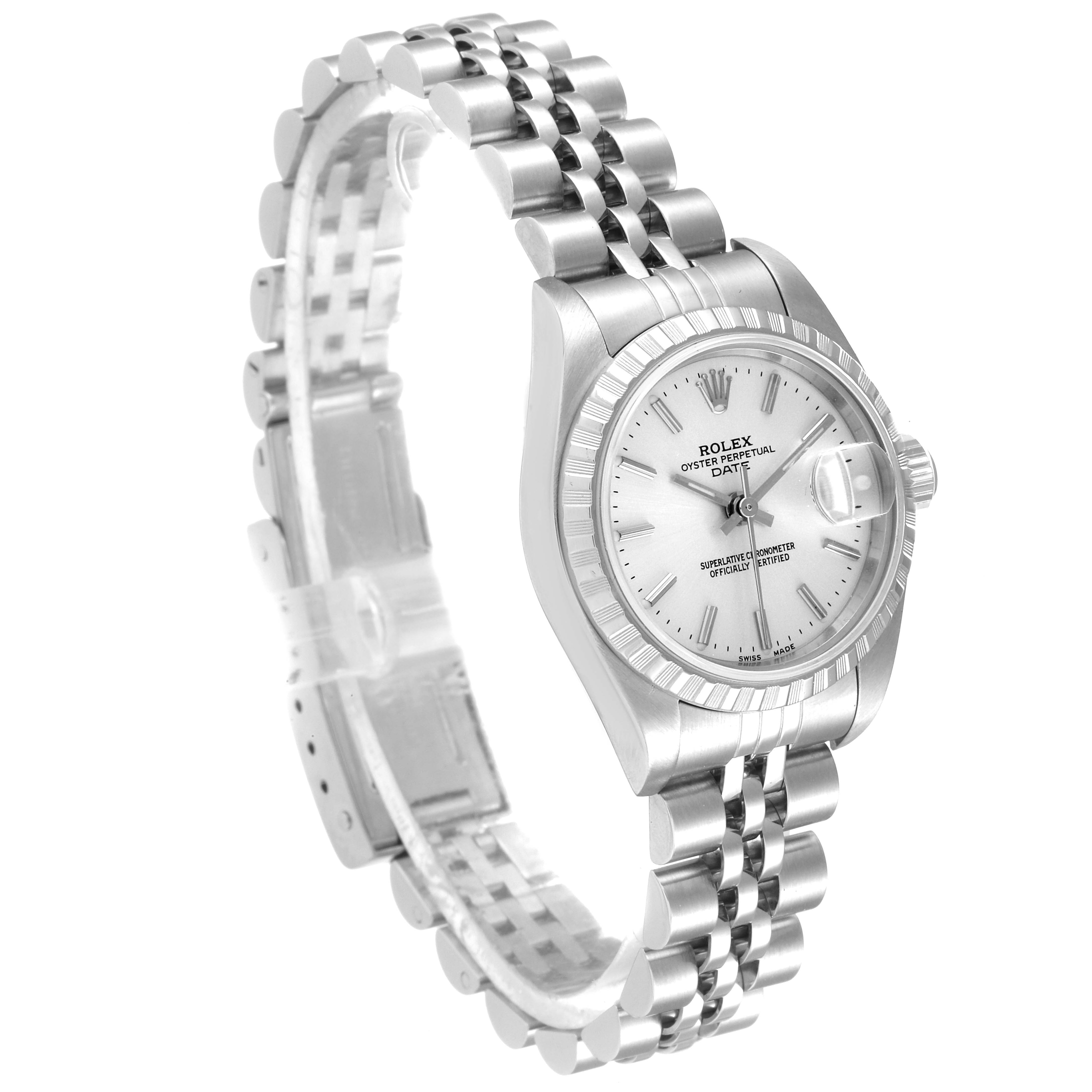 The Rolex Date 79240 Women
s Stainless Steel Silver Dial 79240 Women
s Stainless Steel Silver Dial model watch is shown at a side angle, highlighting the dial, bezel, and stainless steel bracelet.