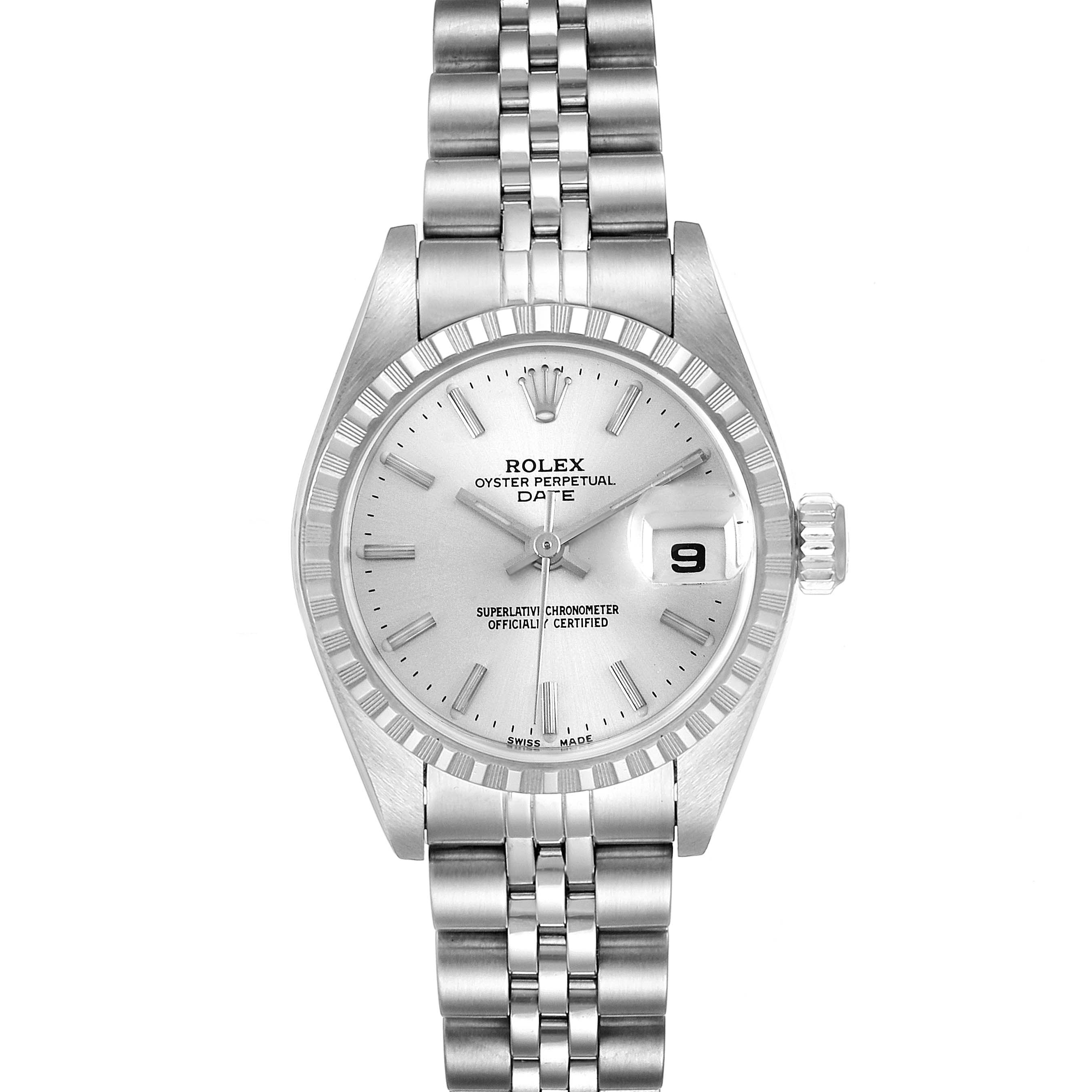 This image shows a front view of a Rolex Date 79240 Women
s Stainless Steel Silver Dial 79240 Women
s Stainless Steel Silver Dial model watch, highlighting the dial, bracelet, and date magnifier.