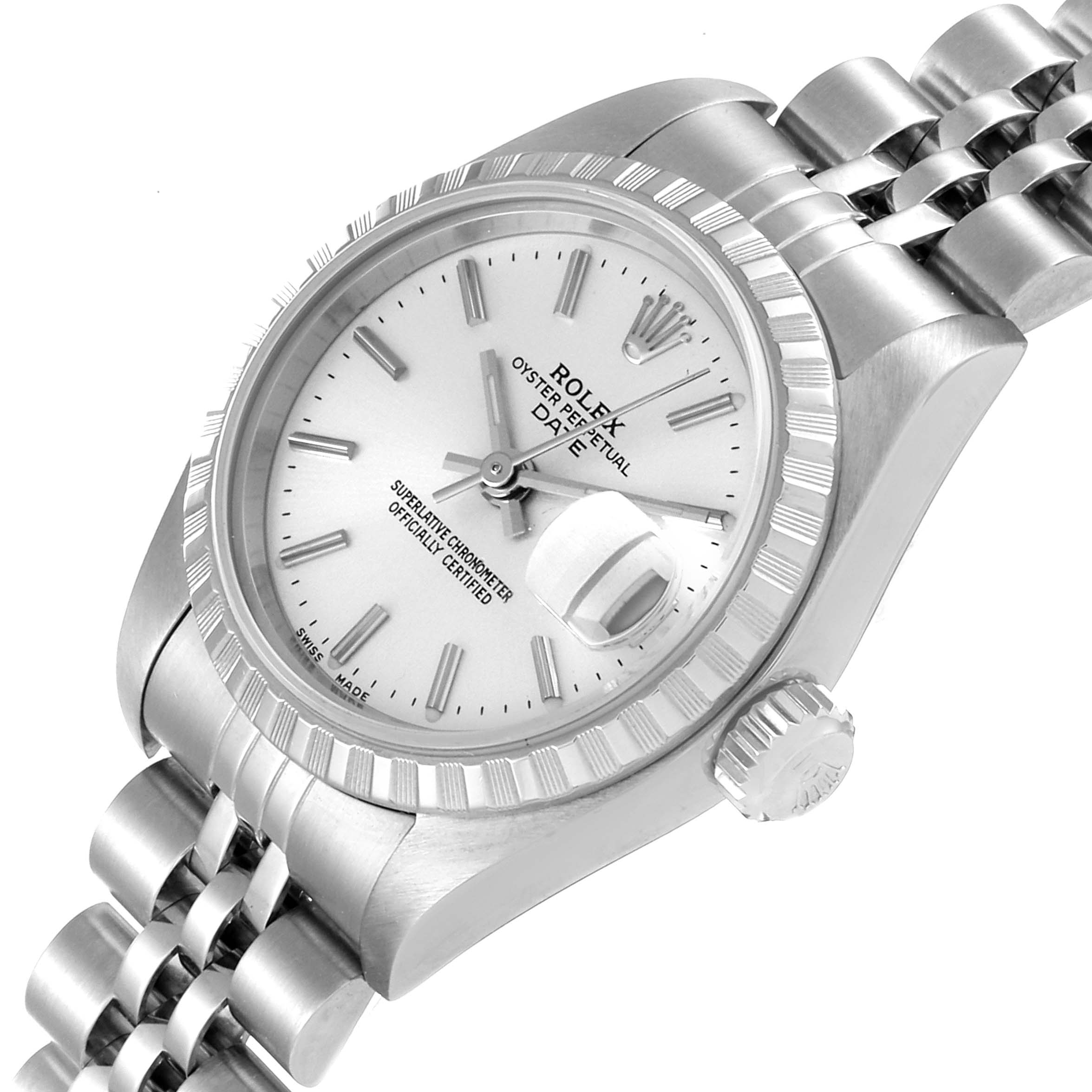 The image shows a Rolex Date 79240 Women
s Stainless Steel Silver Dial 79240 Women
s Stainless Steel Silver Dial model wristwatch at a slight angle, featuring the dial, bezel, crown, and part of the bracelet.