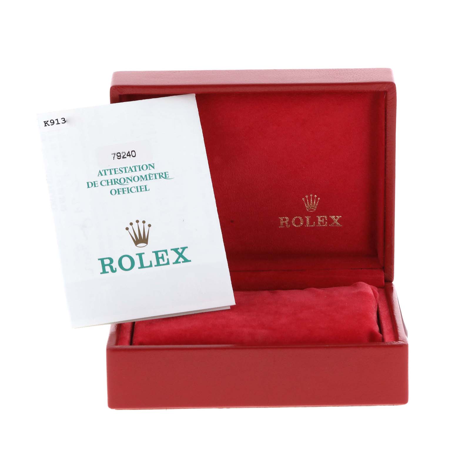 The image shows a Rolex Date 79240 Women
s Stainless Steel Silver Dial 79240 Women
s Stainless Steel Silver Dial model watch box with official certification papers, viewed from the front.