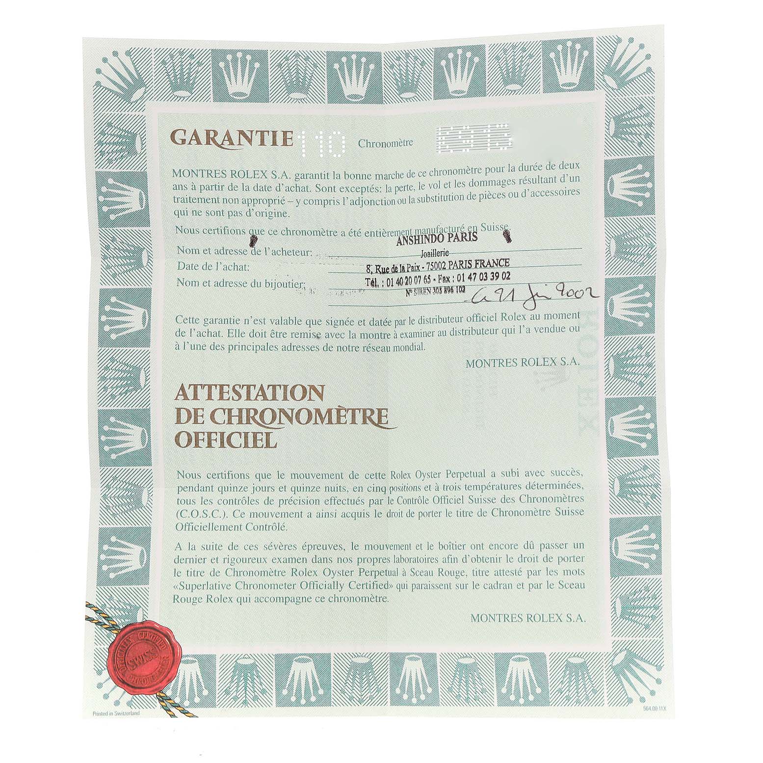 This image shows the official chronometer certification and warranty document for the Rolex Date 79240 Women
s Stainless Steel Silver Dial 79240 Women
s Stainless Steel Silver Dial model.
