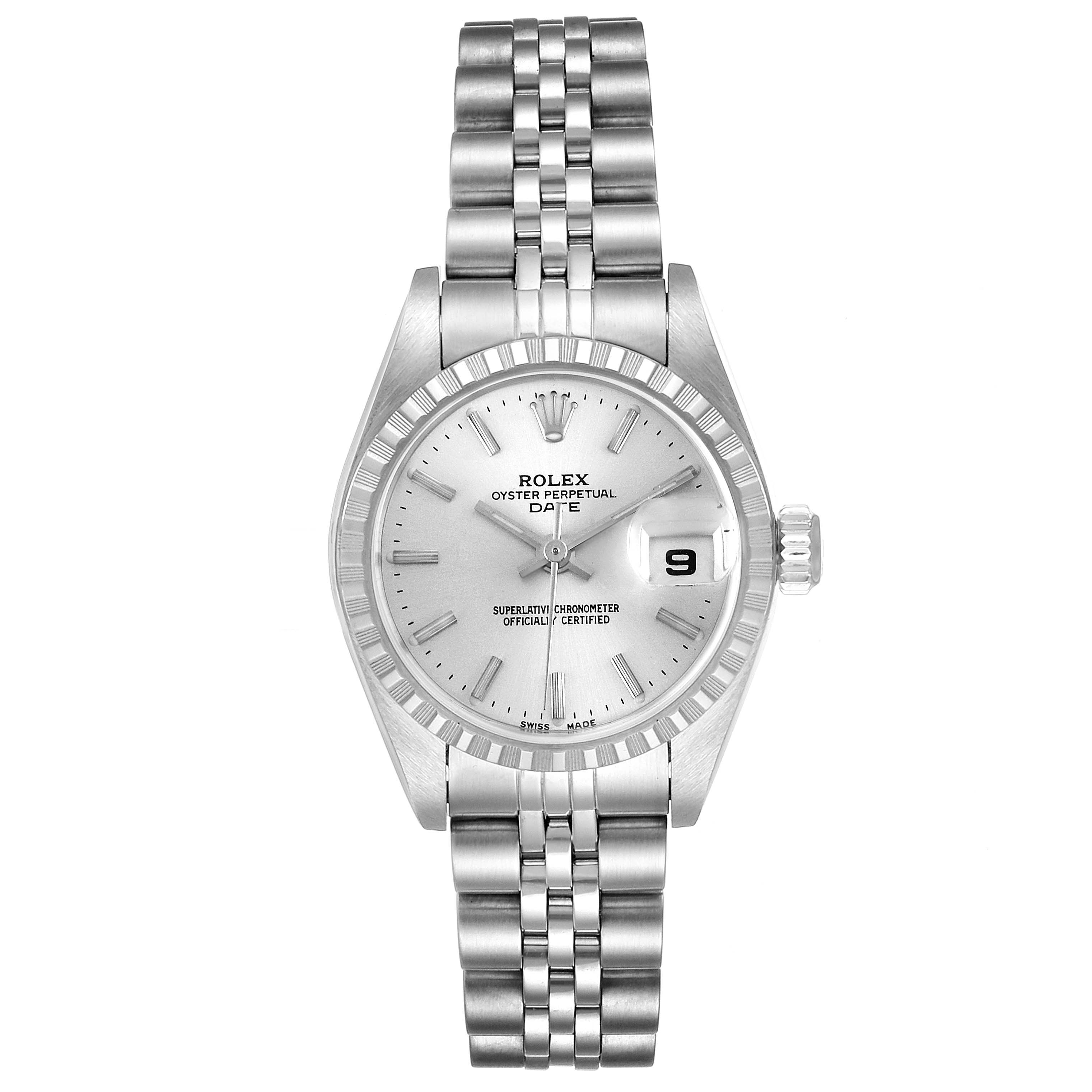 The image shows a full frontal view of the Rolex Date 79240 Women
s Stainless Steel Silver Dial 79240 Women
s Stainless Steel Silver Dial model watch, including its bracelet, dial, bezel, and crown.