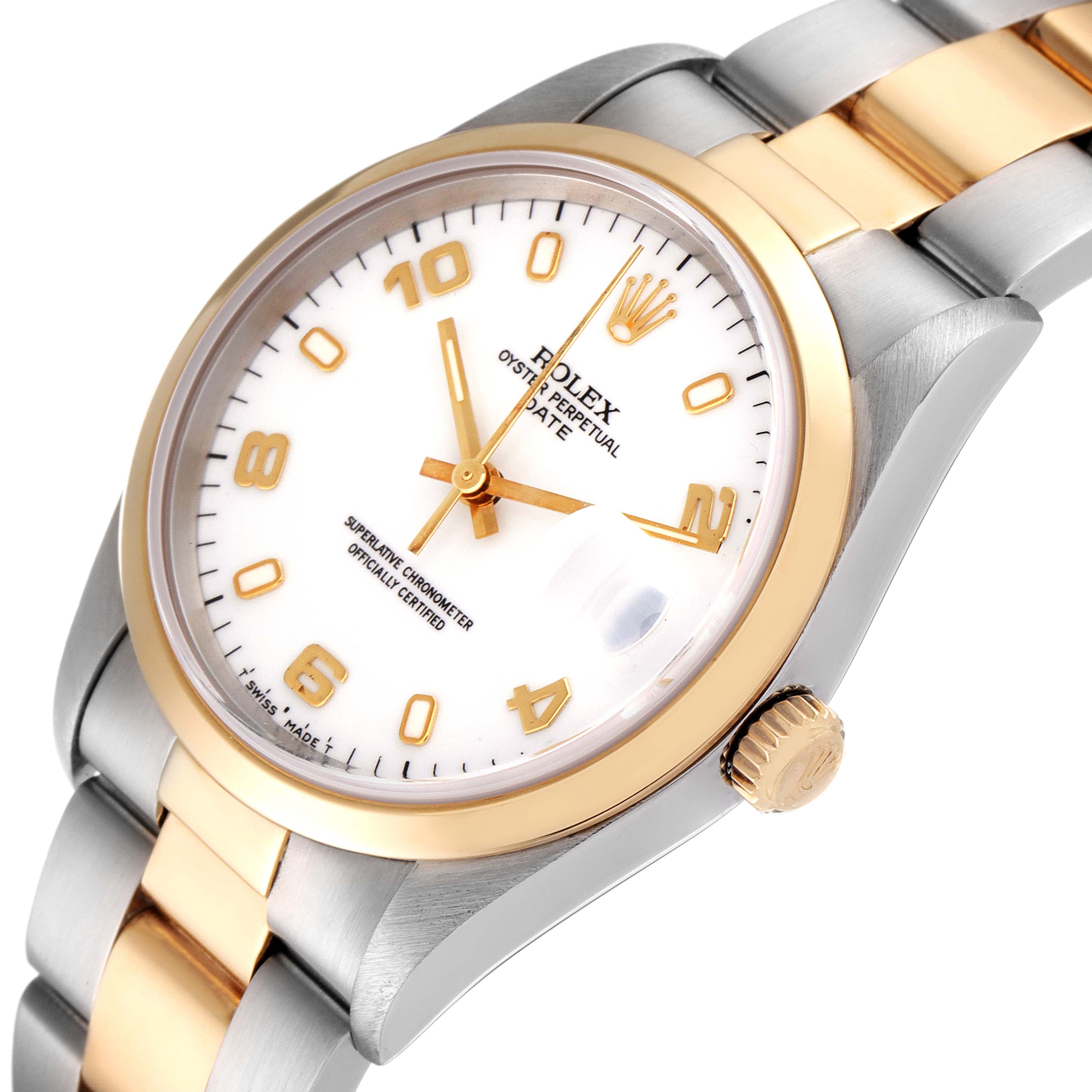 This image shows the dial, crown, and part of the bracelet of the Rolex Oyster Perpetual Date model from an angled side view.
