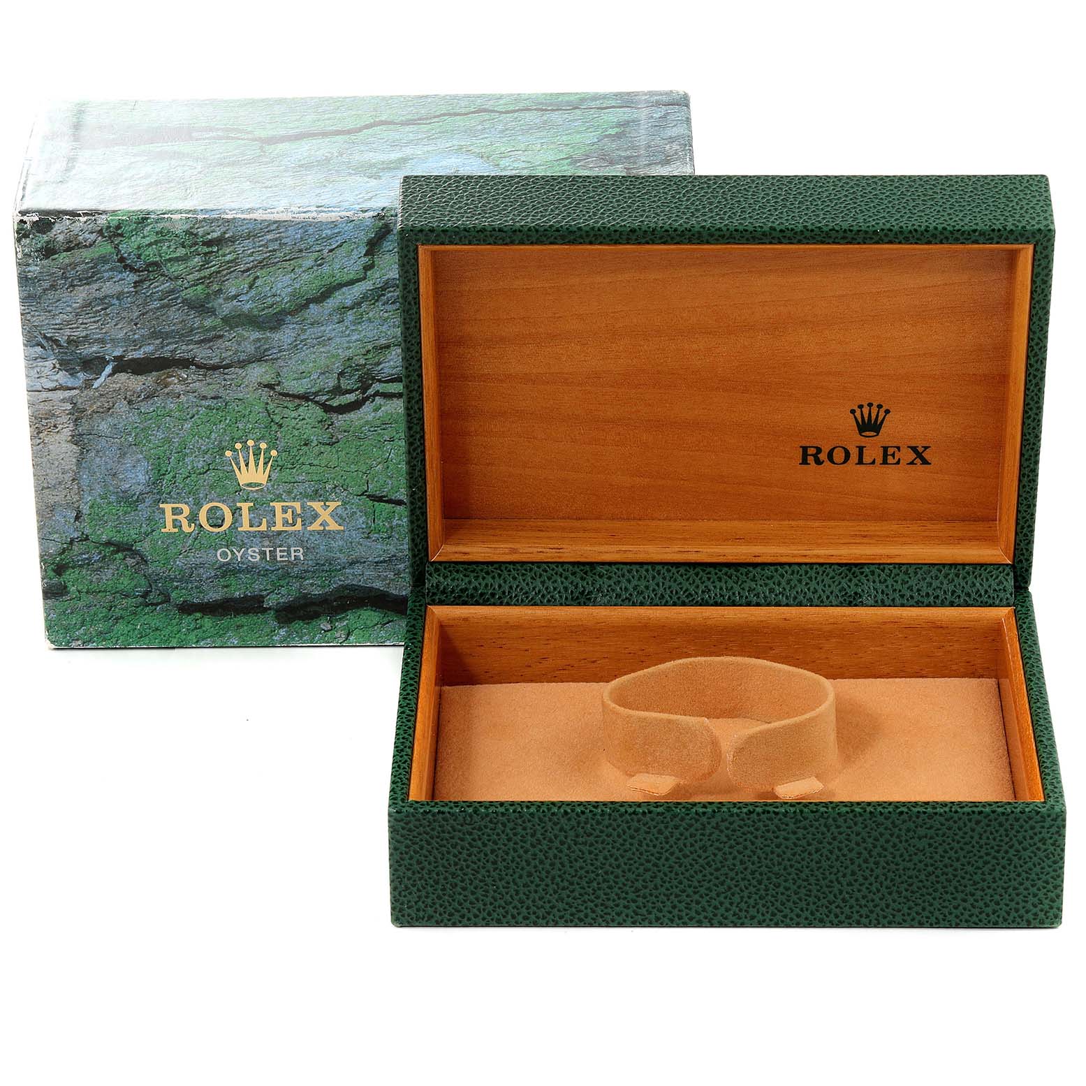 The image shows an open Rolex Date 15203 Men's Steel and Gold (two tone) White Dial 15203 Men's Steel and Gold (two tone) White Dial model watch box and its outer packaging, revealing the inner cushion for the watch.