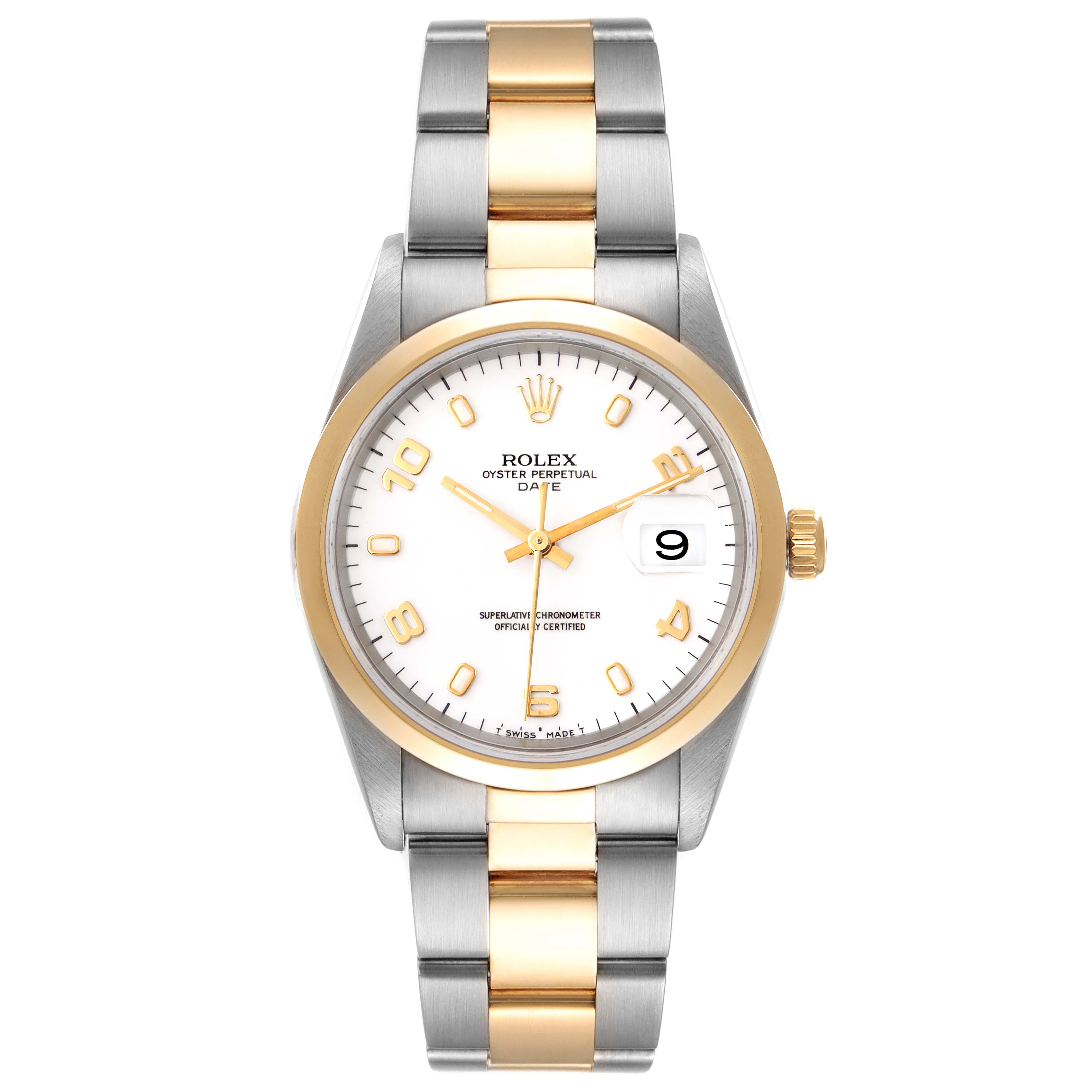 The image shows a front view of a Rolex Oyster Perpetual Date watch, highlighting its gold and silver two-tone bracelet and white dial.