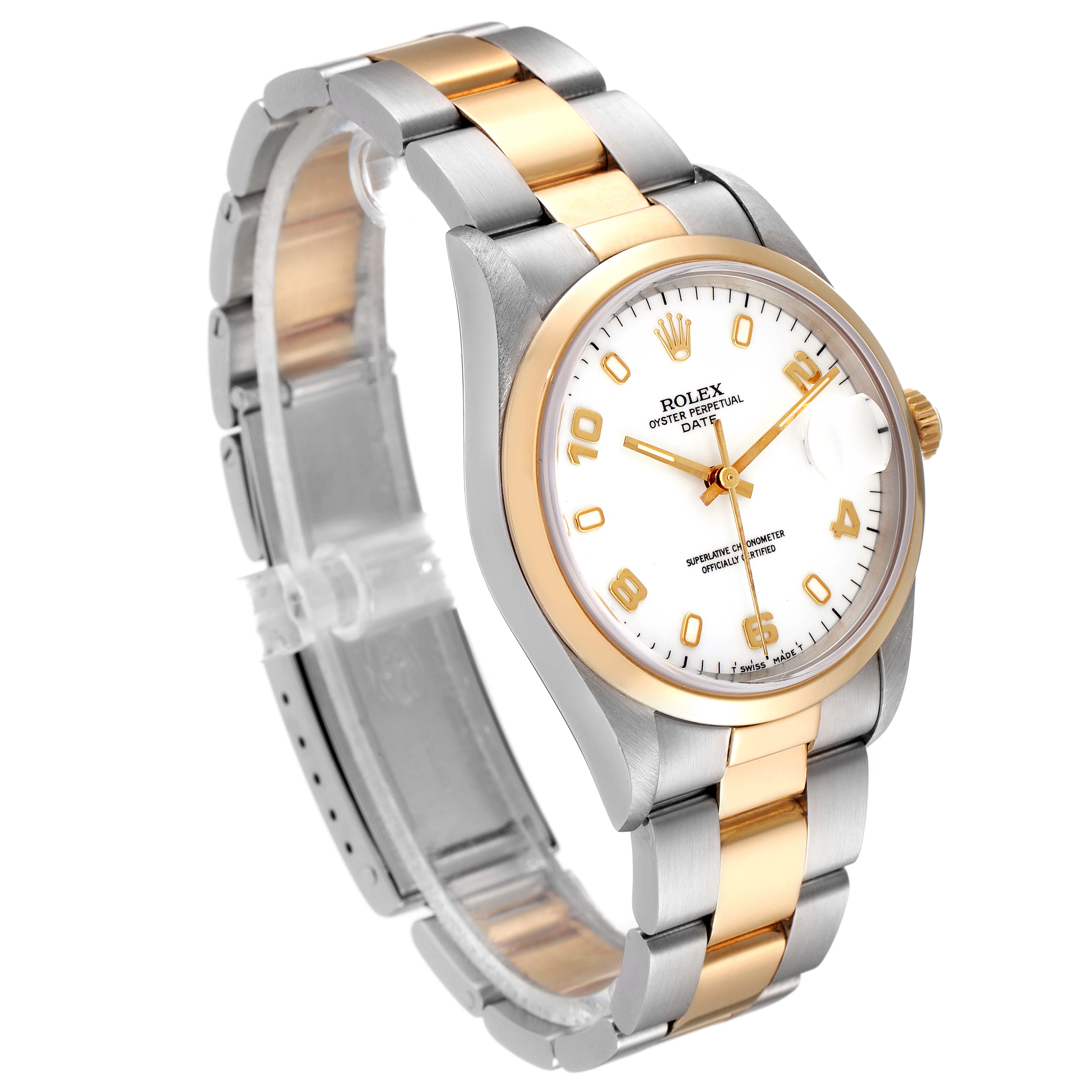 The Rolex Date 15203 Men's Steel and Gold (two tone) White Dial 15203 Men's Steel and Gold (two tone) White Dial model is shown from a front angle, featuring its two-tone bracelet, white dial, golden markers, and crown.