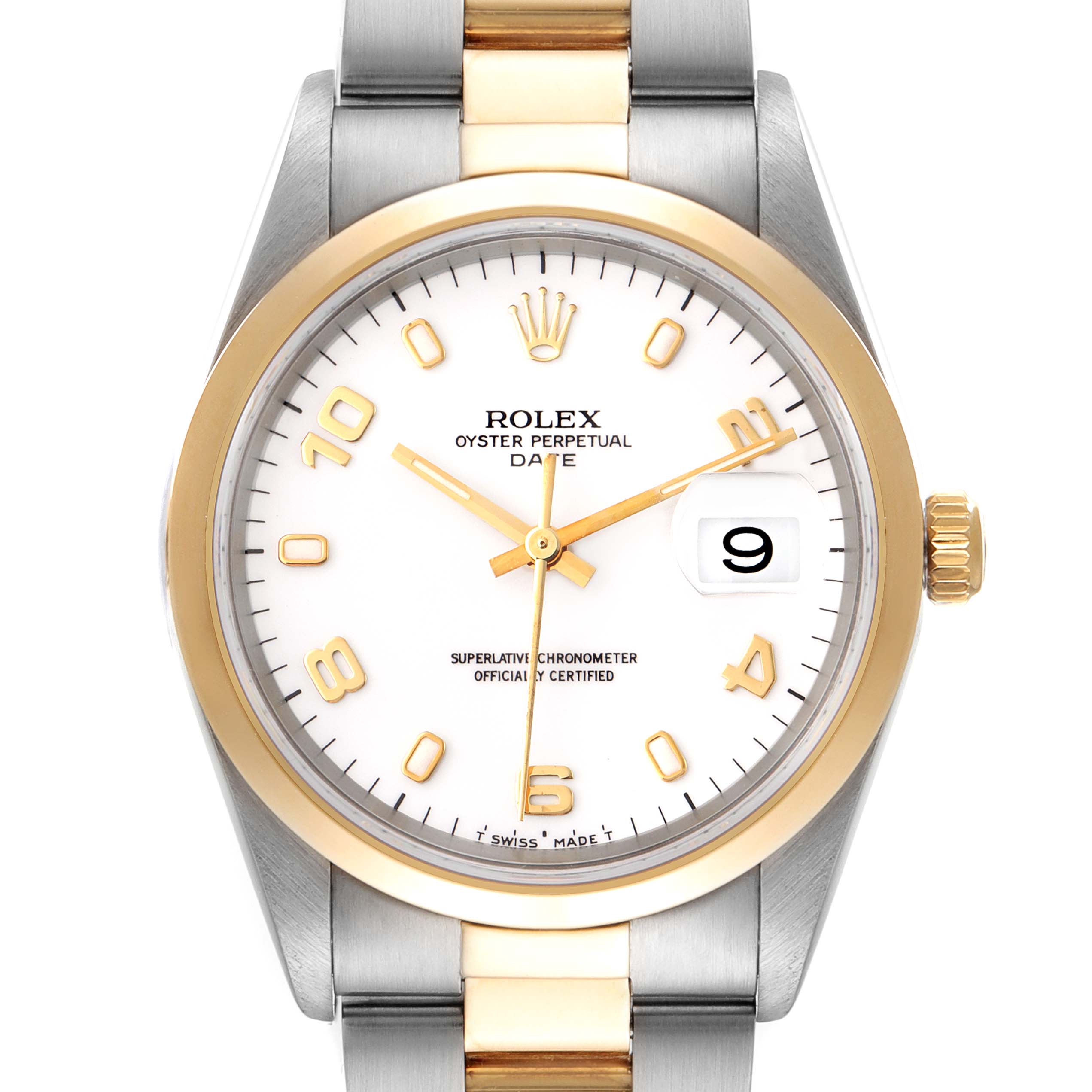 This image shows a front view of a Rolex Oyster Perpetual Date watch, highlighting the bezel, dial, crown, and bracelet.