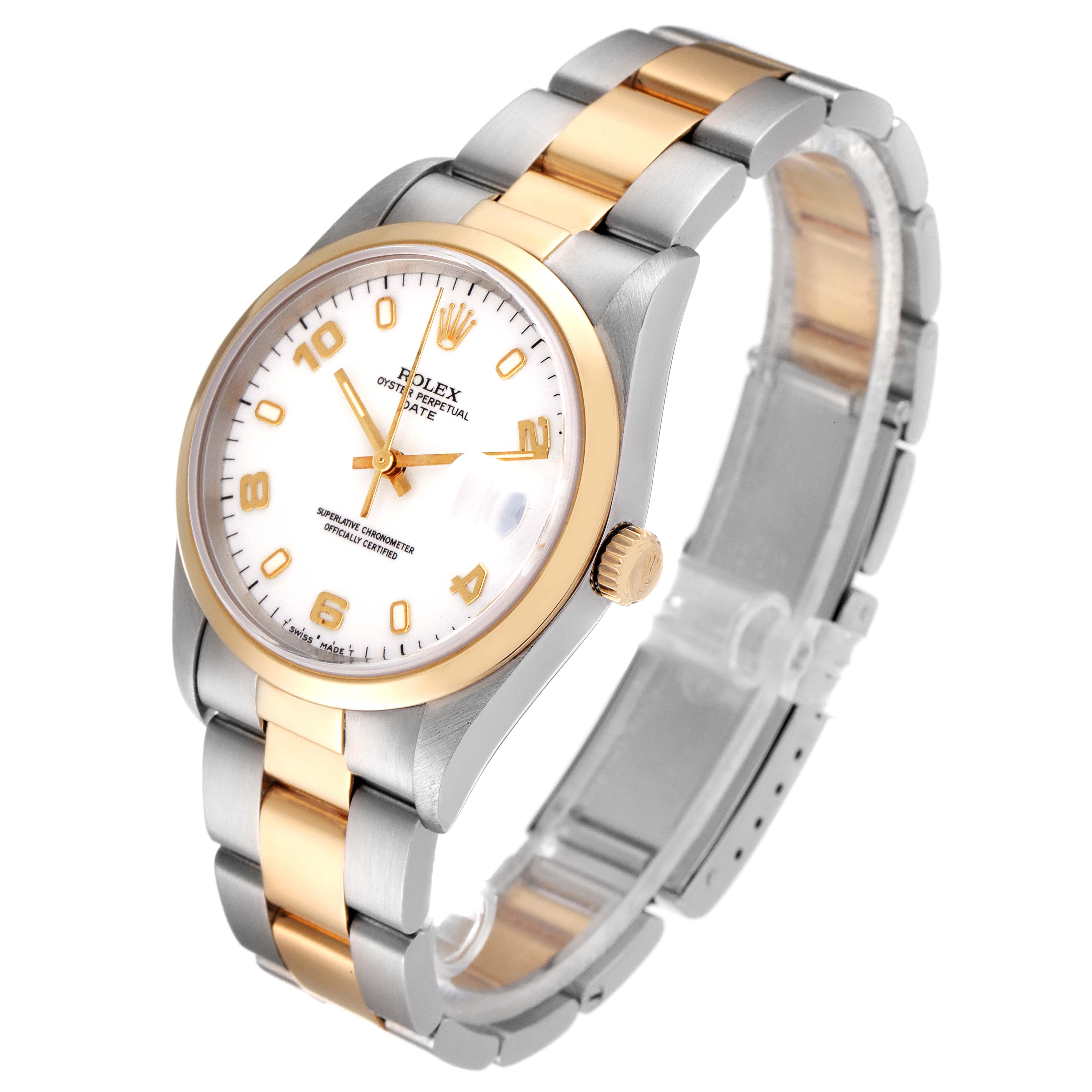The Rolex Date 15203 Men's Steel and Gold (two tone) White Dial 15203 Men's Steel and Gold (two tone) White Dial model watch is shown at an angle highlighting the dial, bezel, crown, and two-tone bracelet.
