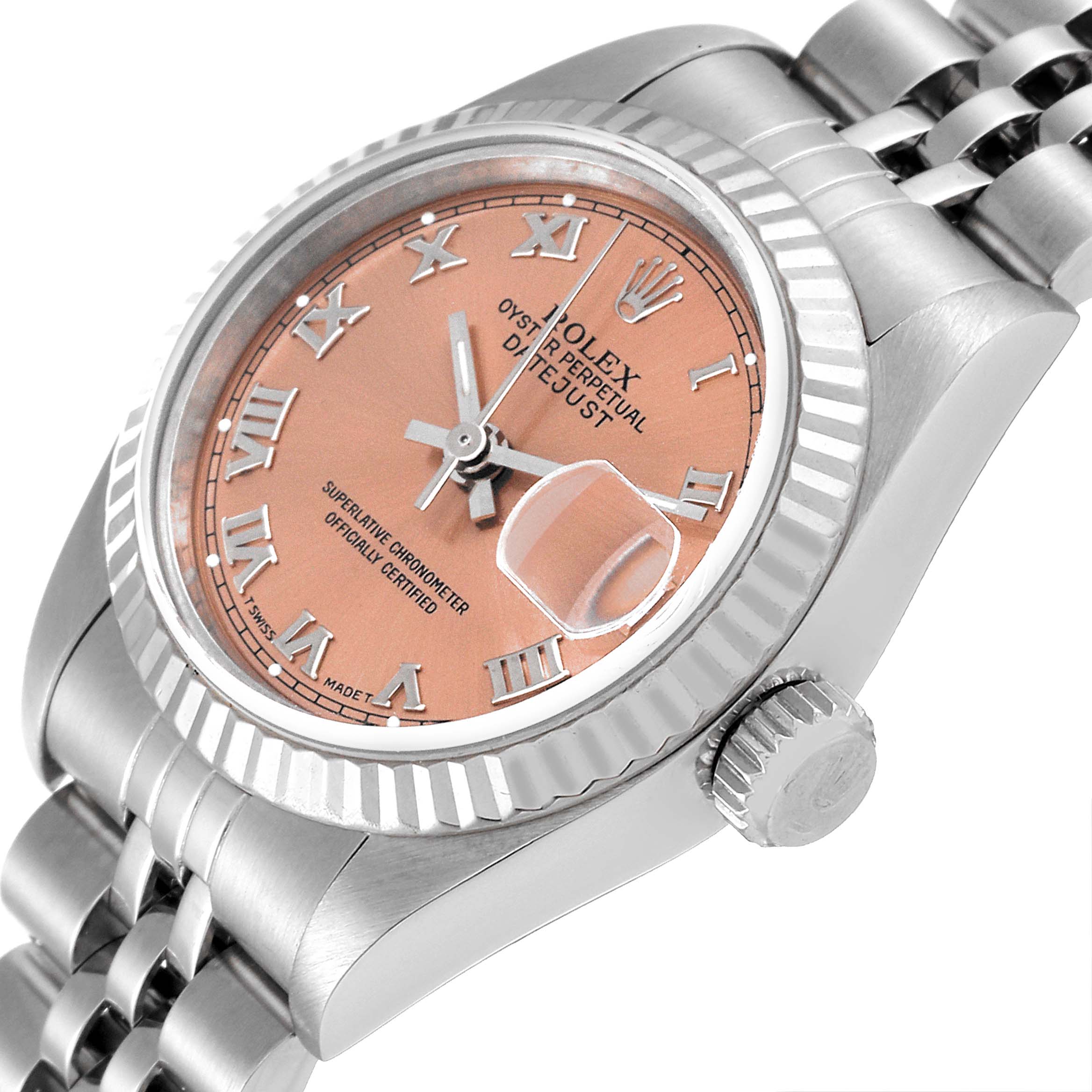 The image shows a close-up angle of a Rolex Datejust 69174 Women's Stainless Steel Pink Dial 69174 Women's Stainless Steel Pink Dial watch, highlighting its face, bezel, crown, and part of the bracelet.