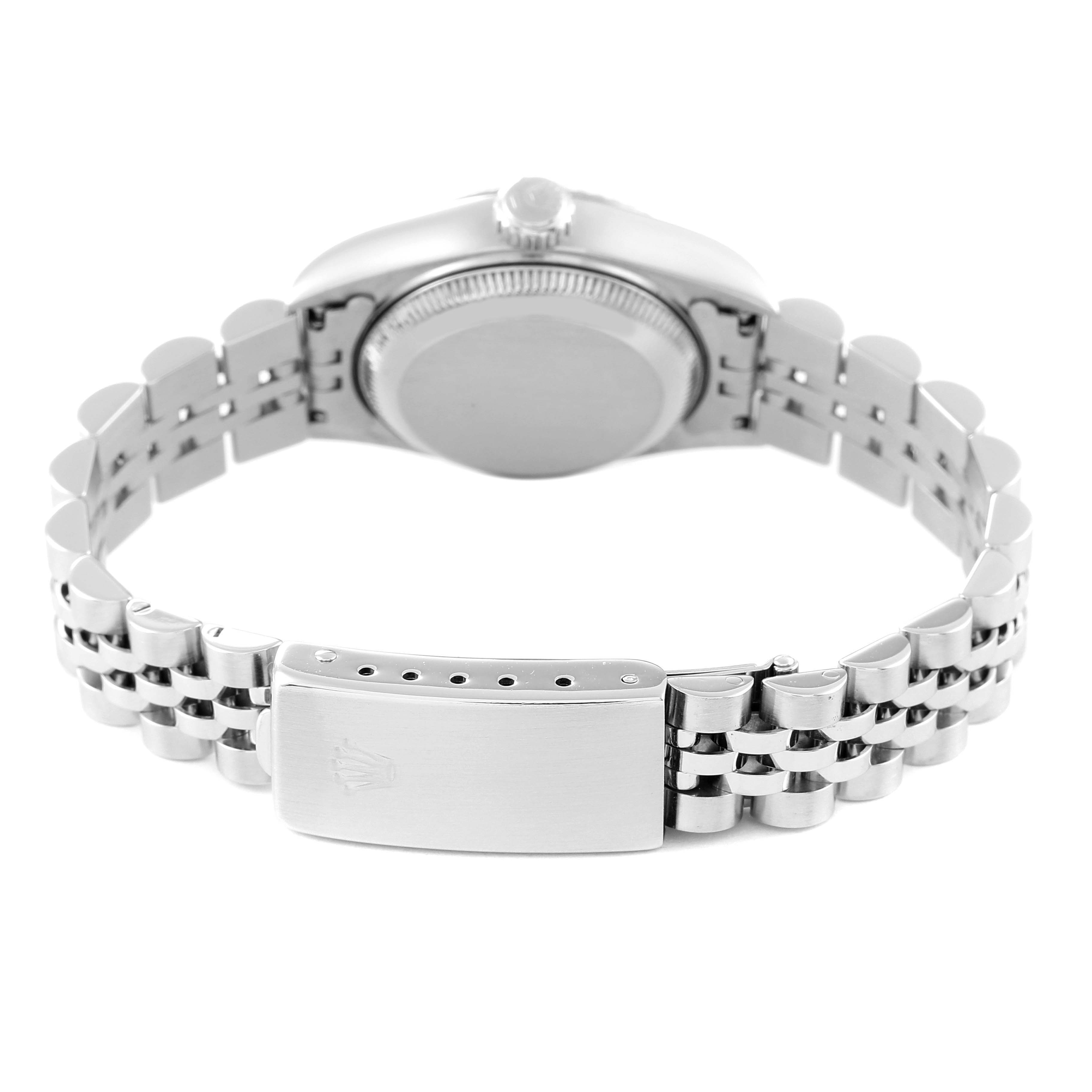 The image shows the back view of a Rolex Datejust 69174 Women's Stainless Steel Pink Dial 69174 Women's Stainless Steel Pink Dial watch, highlighting the case back and bracelet clasp.