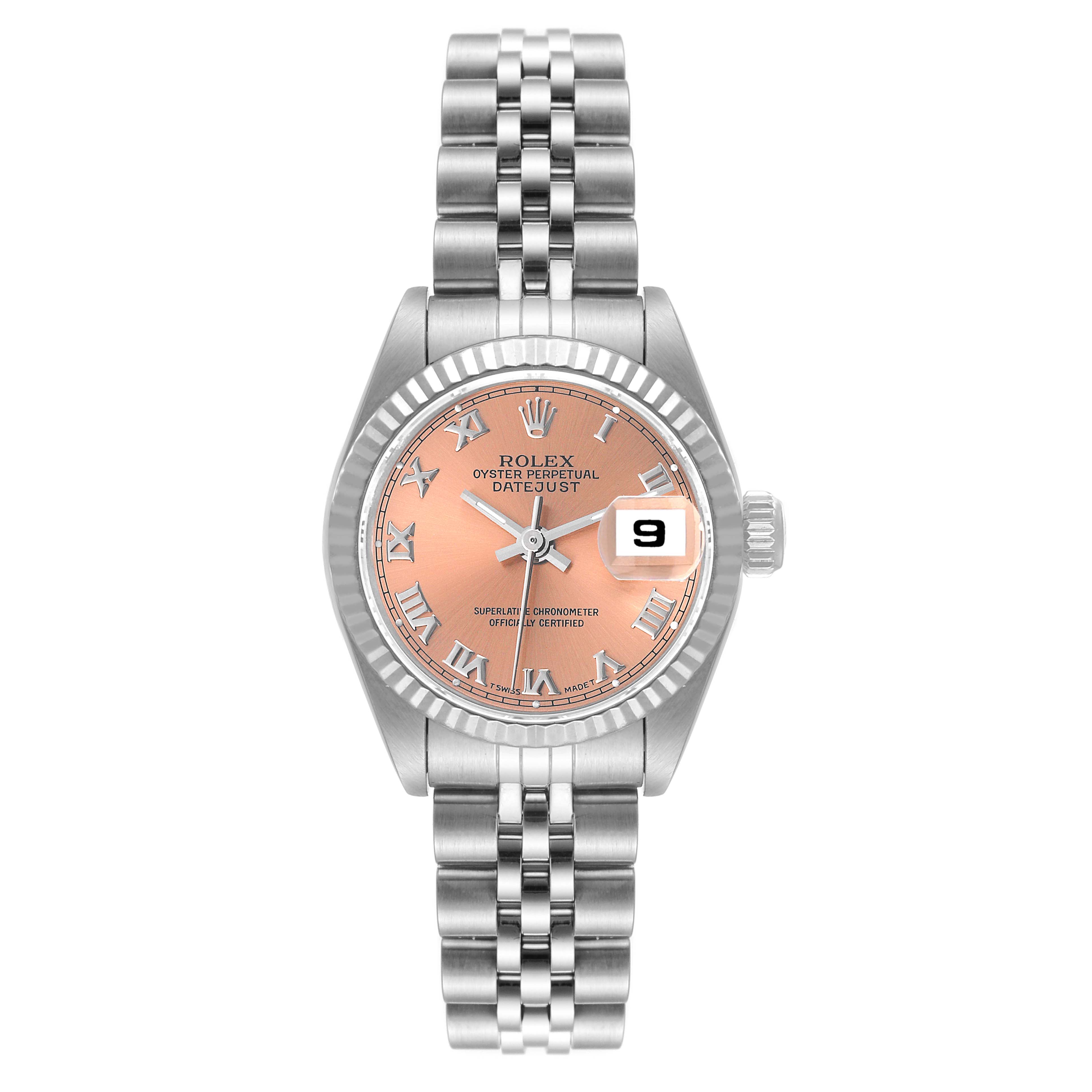 The image shows a Rolex Datejust 69174 Women's Stainless Steel Pink Dial 69174 Women's Stainless Steel Pink Dial watch from a front angle, highlighting its dial, date window, bezel, and bracelet.
