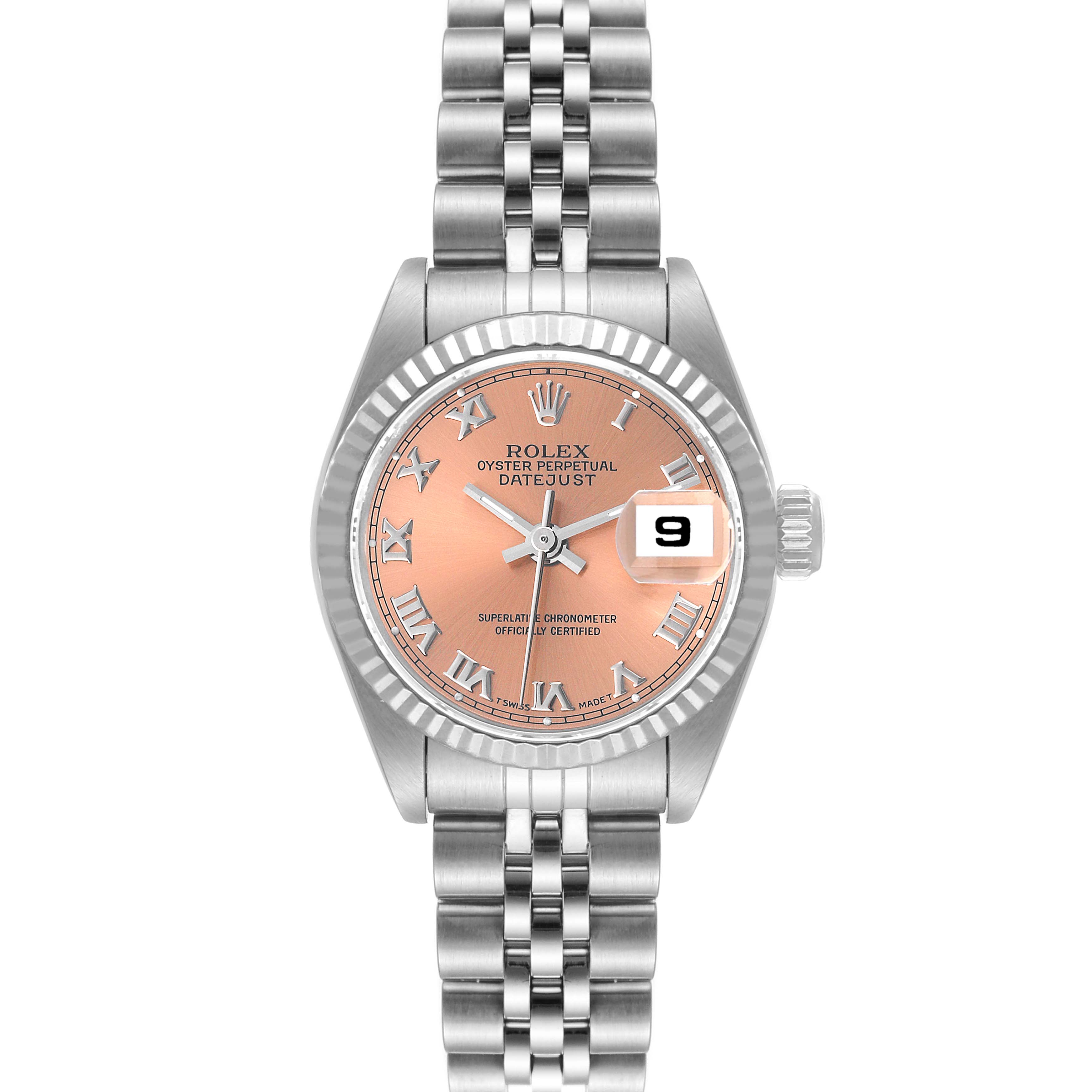 This image shows a Rolex Datejust 69174 Women's Stainless Steel Pink Dial 69174 Women's Stainless Steel Pink Dial watch, with a front view displaying its dial and bracelet.