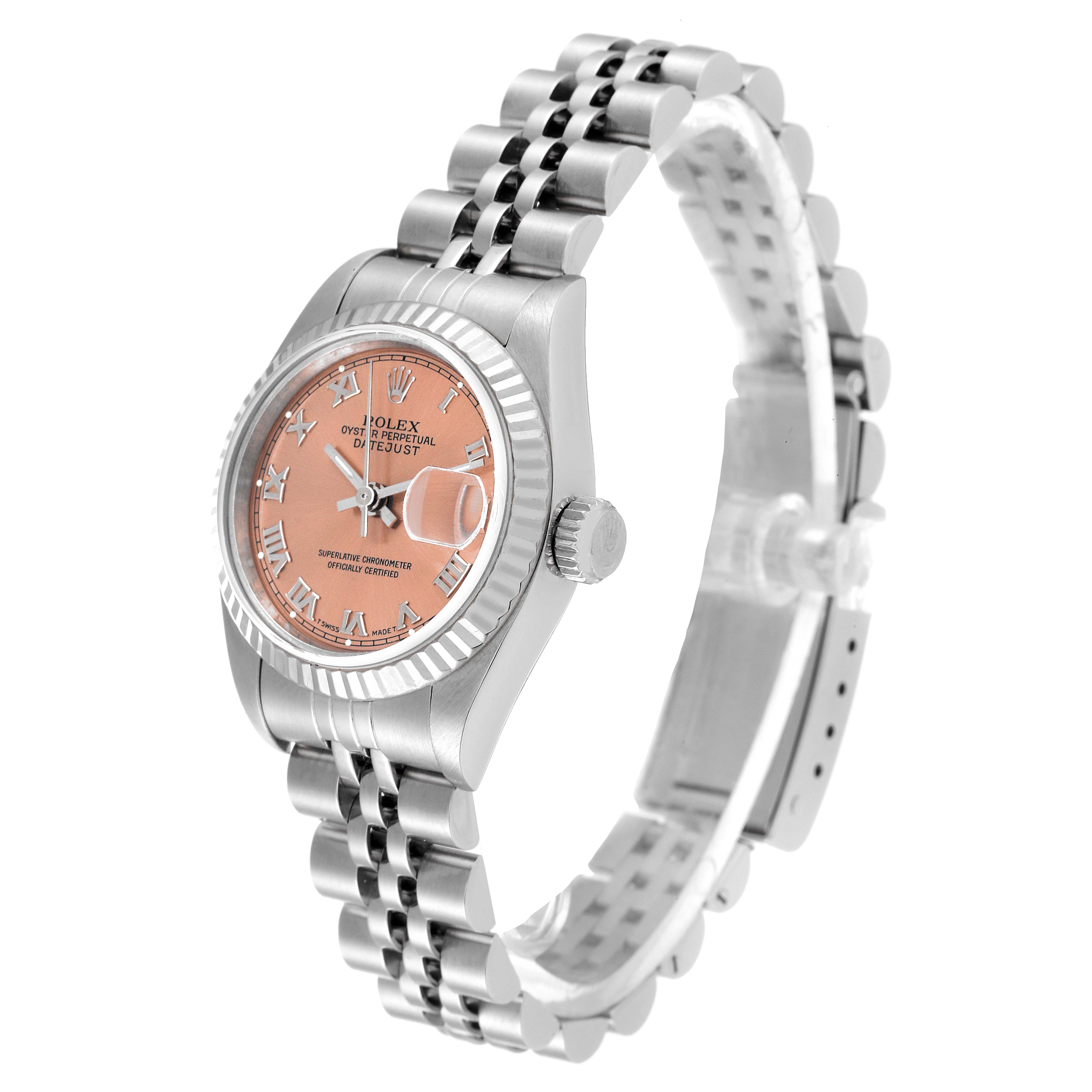 The image shows a Rolex Datejust 69174 Women's Stainless Steel Pink Dial 69174 Women's Stainless Steel Pink Dial watch at a three-quarter angle, displaying the face, band, and crown.