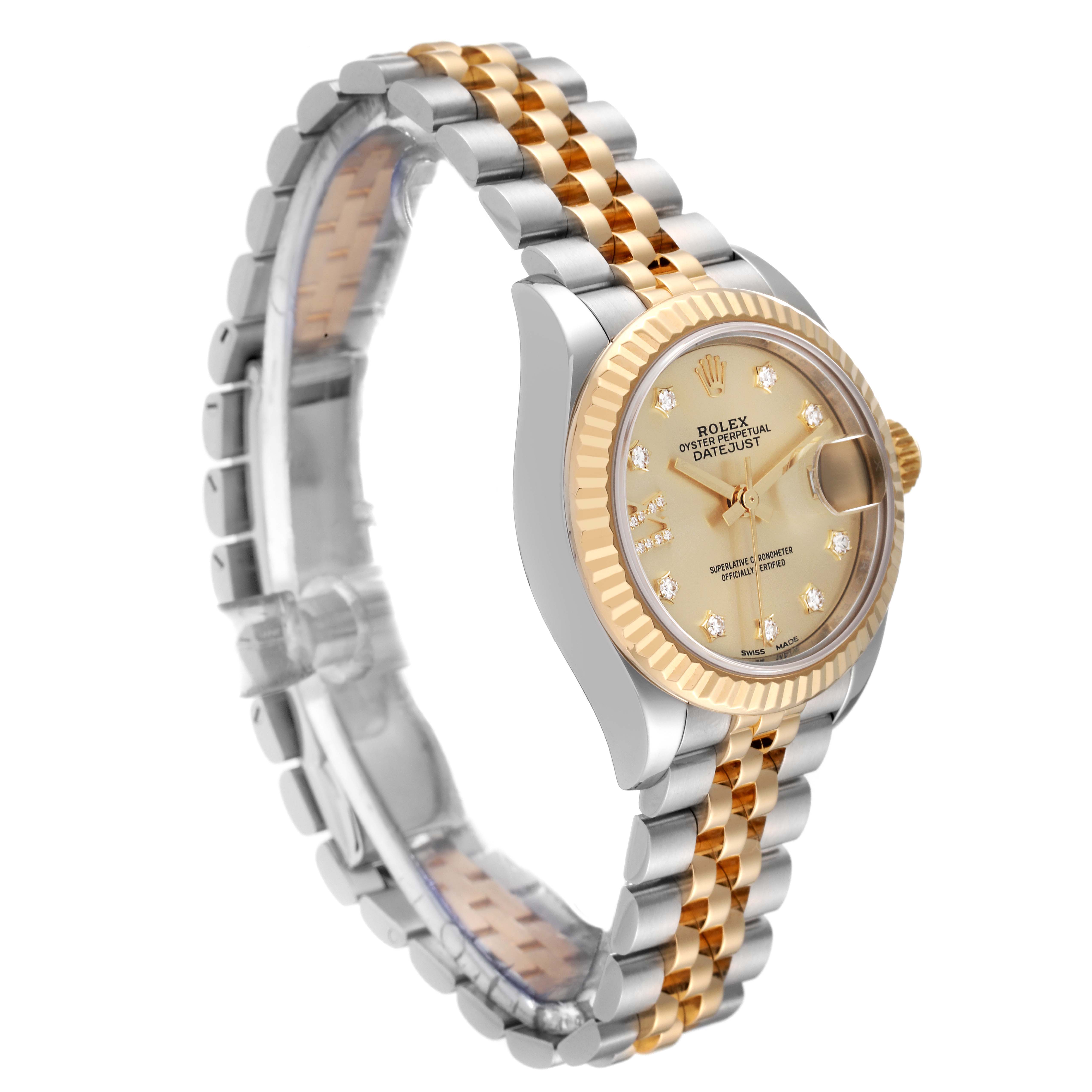The image shows a side angle of the Rolex Datejust 279173 Women's Steel and Gold (two tone) Champagne Dial 279173 Women's Steel and Gold (two tone) Champagne Dial watch, highlighting its two-tone bracelet and fluted bezel.