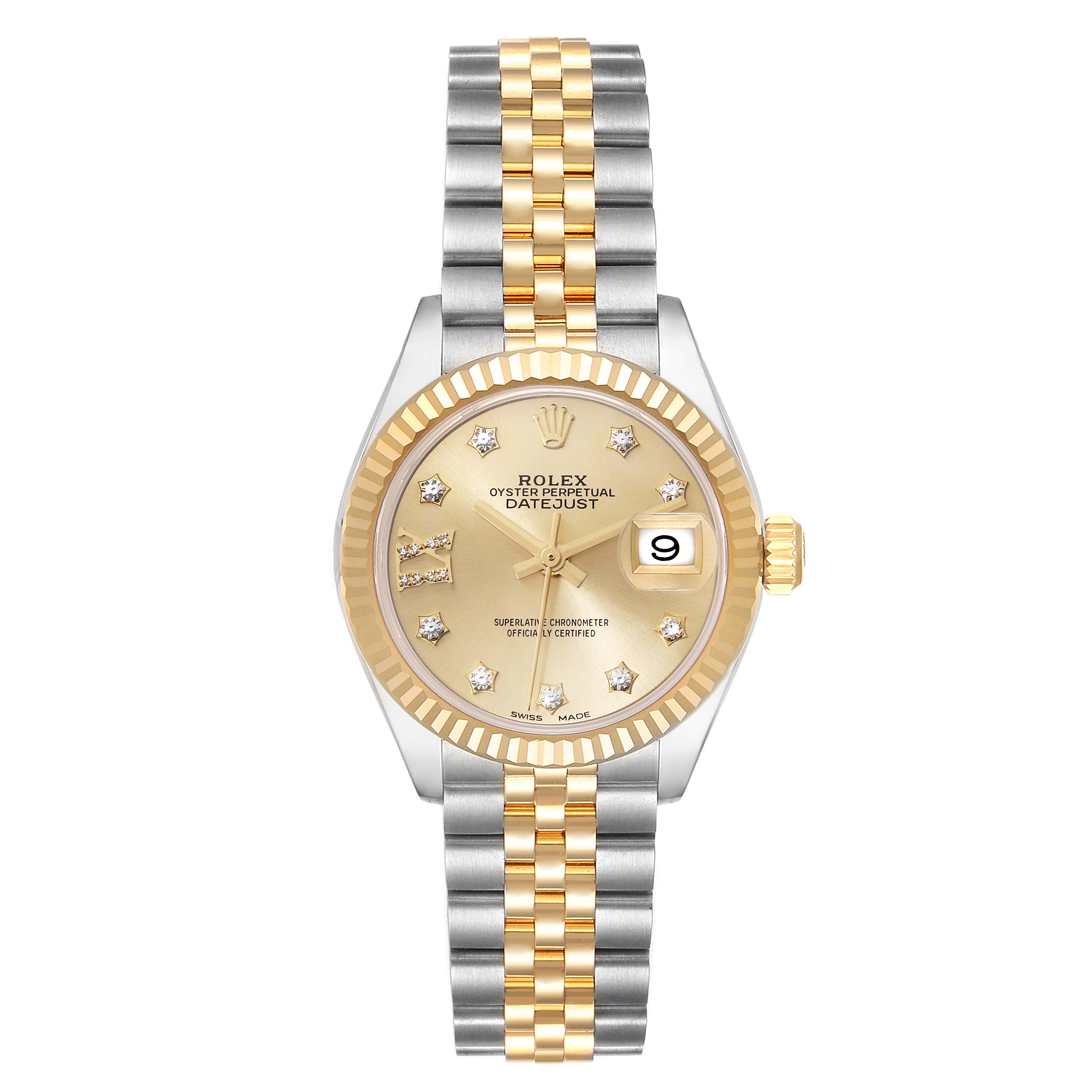 This image shows a front view of a Rolex Datejust 279173 Women's Steel and Gold (two tone) Champagne Dial 279173 Women's Steel and Gold (two tone) Champagne Dial watch, highlighting the dial, bezel, and bracelet.