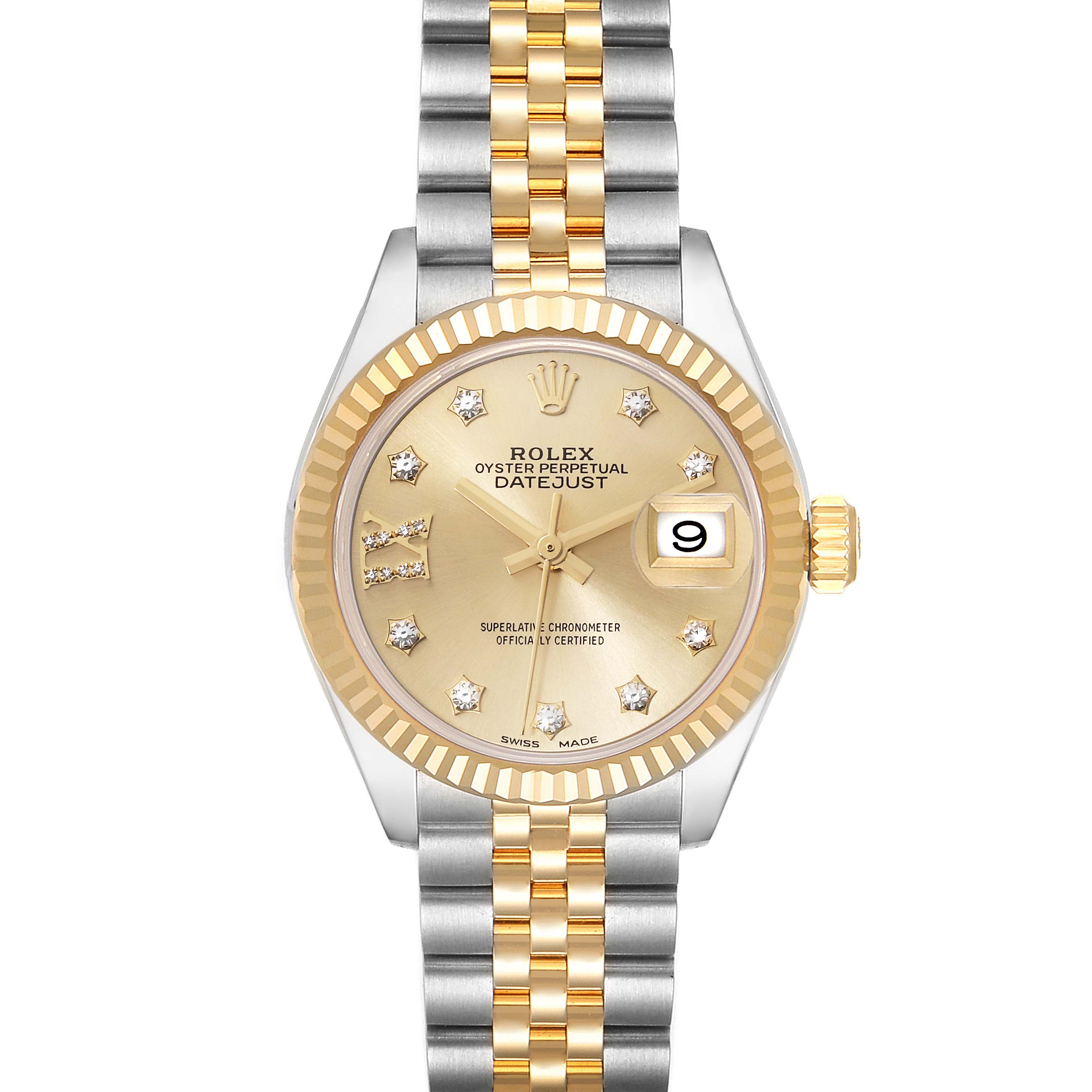 The image shows a Rolex Datejust 279173 Women's Steel and Gold (two tone) Champagne Dial 279173 Women's Steel and Gold (two tone) Champagne Dial watch from a top-down angle, highlighting the face, bezel, and two-tone Jubilee bracelet.