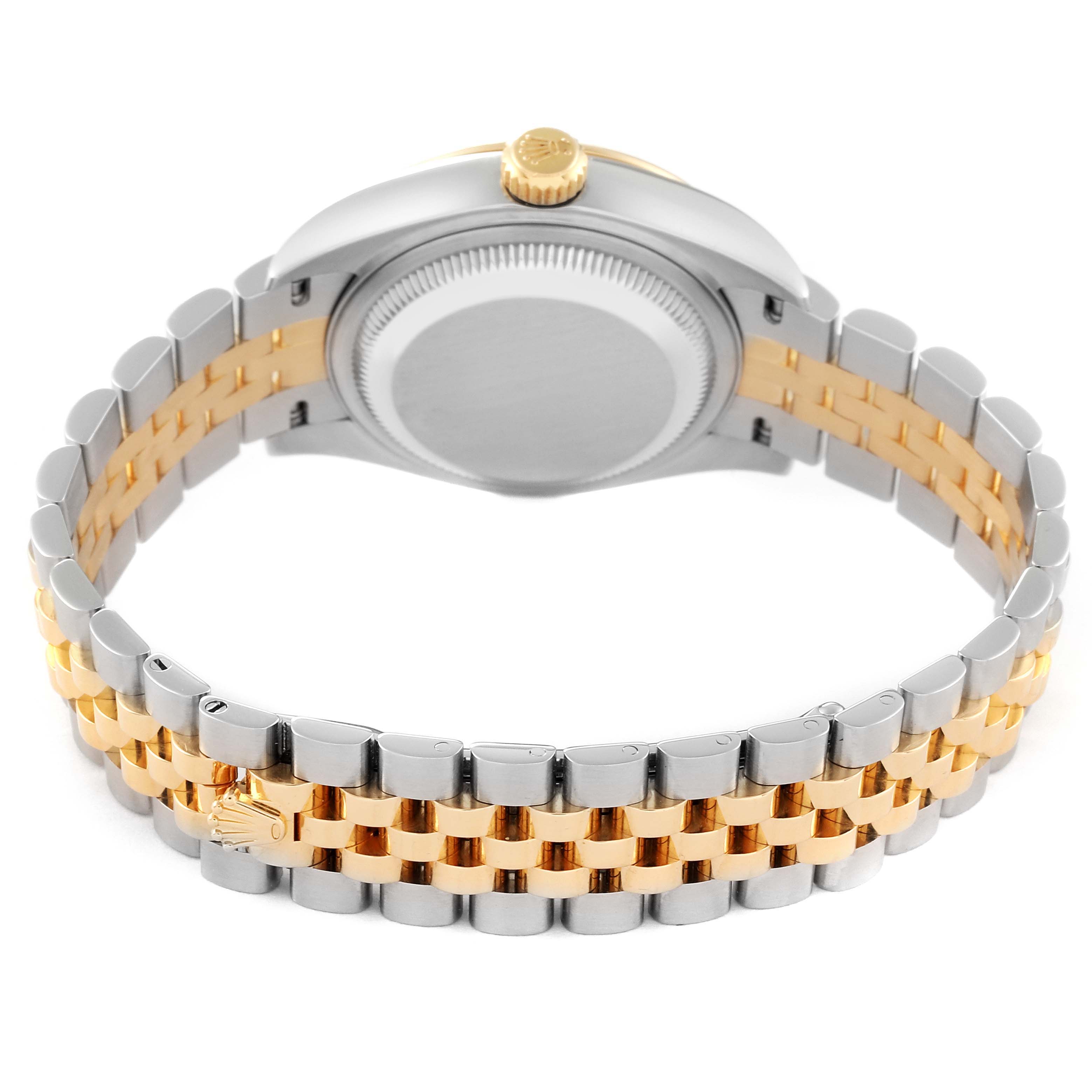 This image shows the back view of a Rolex Datejust 279173 Women's Steel and Gold (two tone) Champagne Dial 279173 Women's Steel and Gold (two tone) Champagne Dial watch, highlighting its two-tone bracelet and case back.