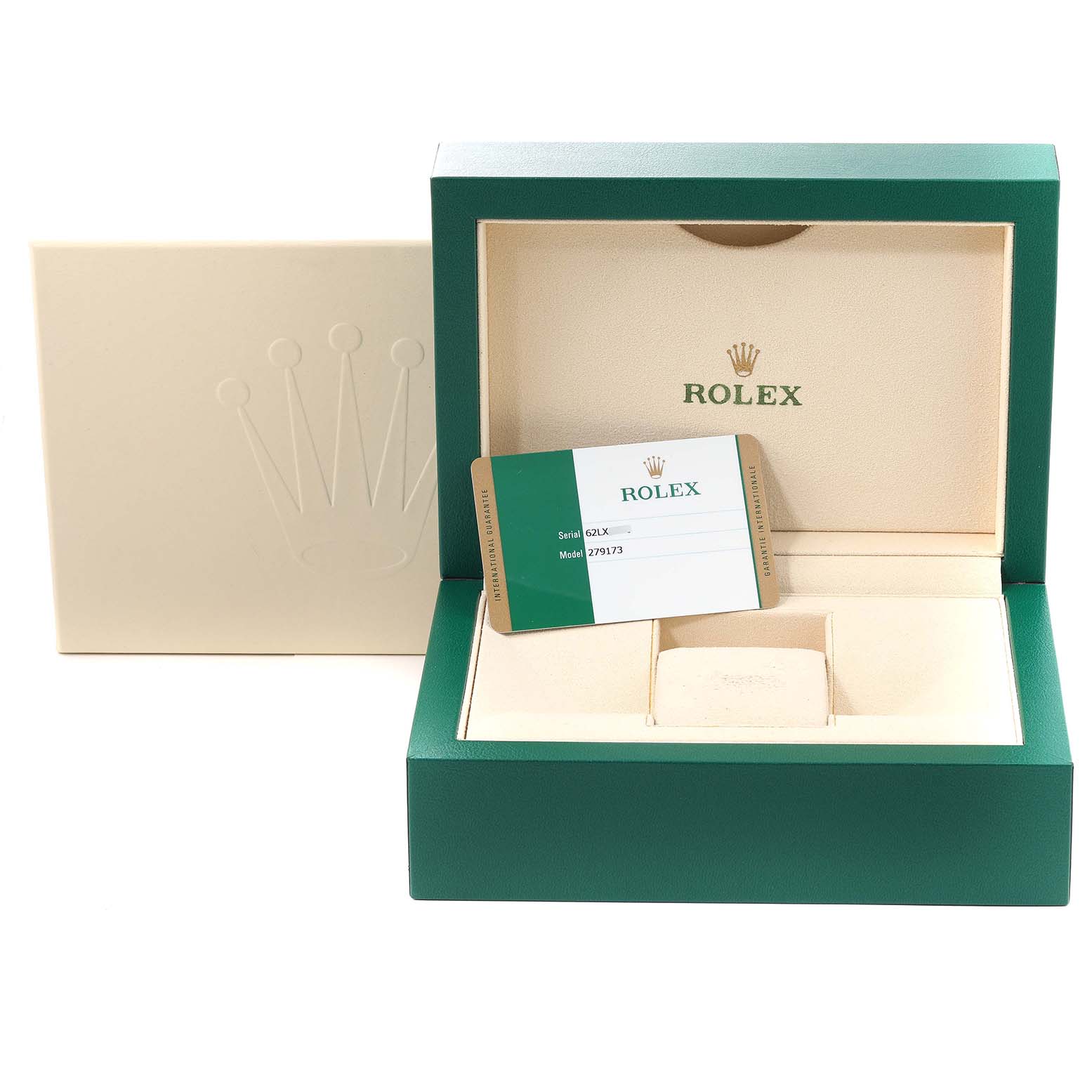 The image shows a Rolex Datejust 279173 Women's Steel and Gold (two tone) Champagne Dial 279173 Women's Steel and Gold (two tone) Champagne Dial presentation box with an authenticity card, viewed from the front at eye level.
