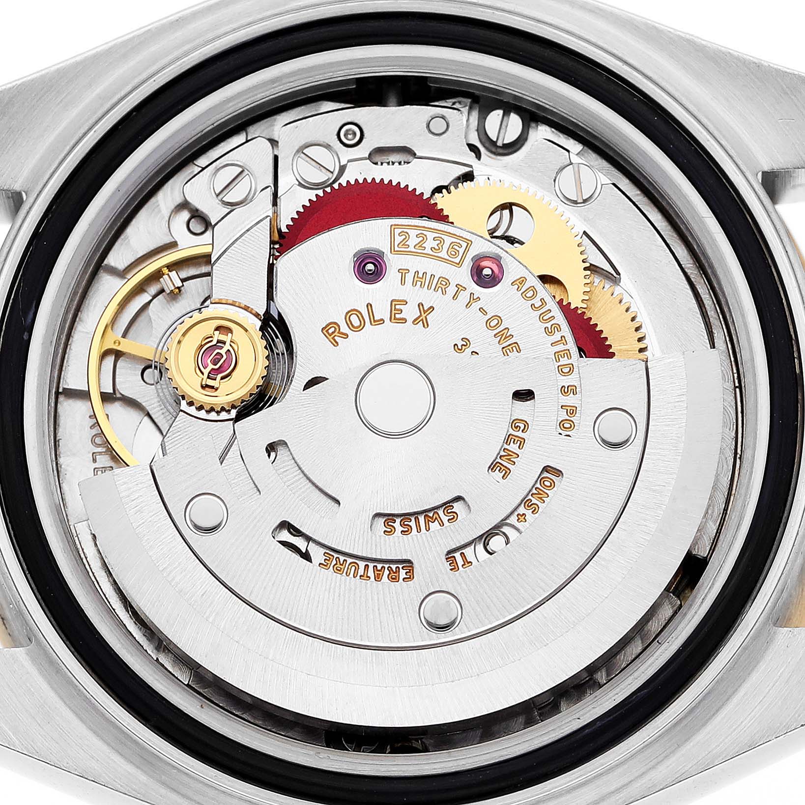 The image shows the internal mechanism and movement of the Rolex Datejust 279173 Women's Steel and Gold (two tone) Champagne Dial 279173 Women's Steel and Gold (two tone) Champagne Dial watch from a rear angle.