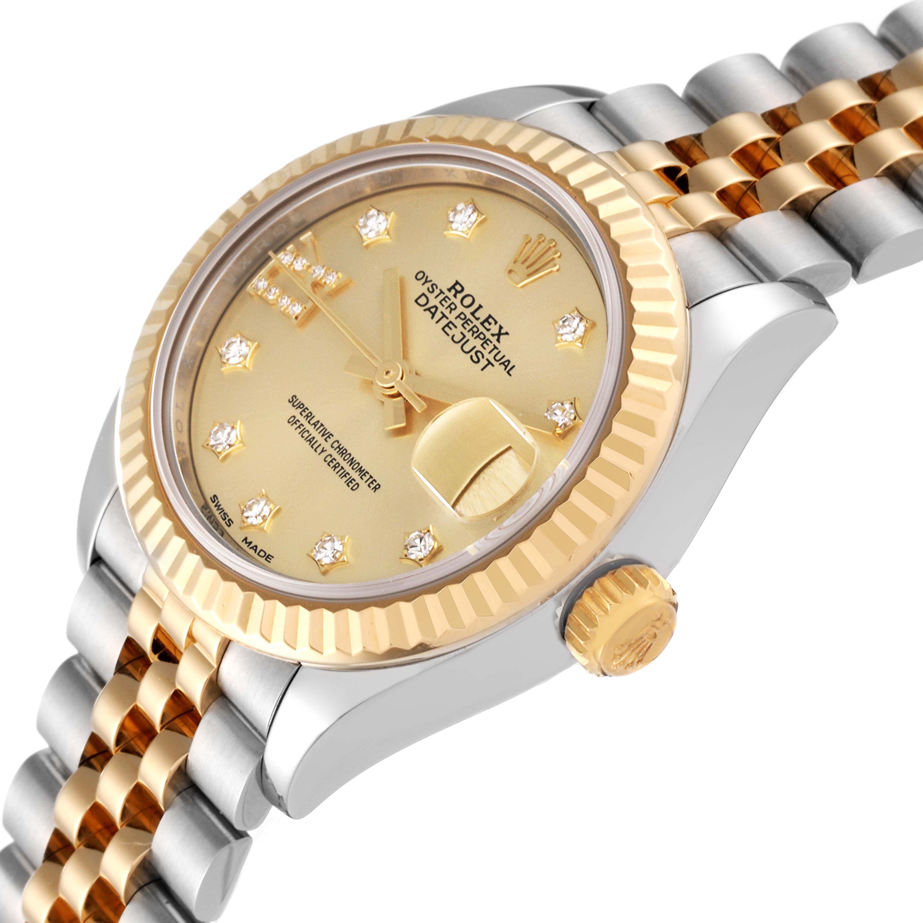 The image shows a Rolex Datejust 279173 Women's Steel and Gold (two tone) Champagne Dial 279173 Women's Steel and Gold (two tone) Champagne Dial watch at an angled view, highlighting its gold dial, fluted bezel, and two-tone bracelet.