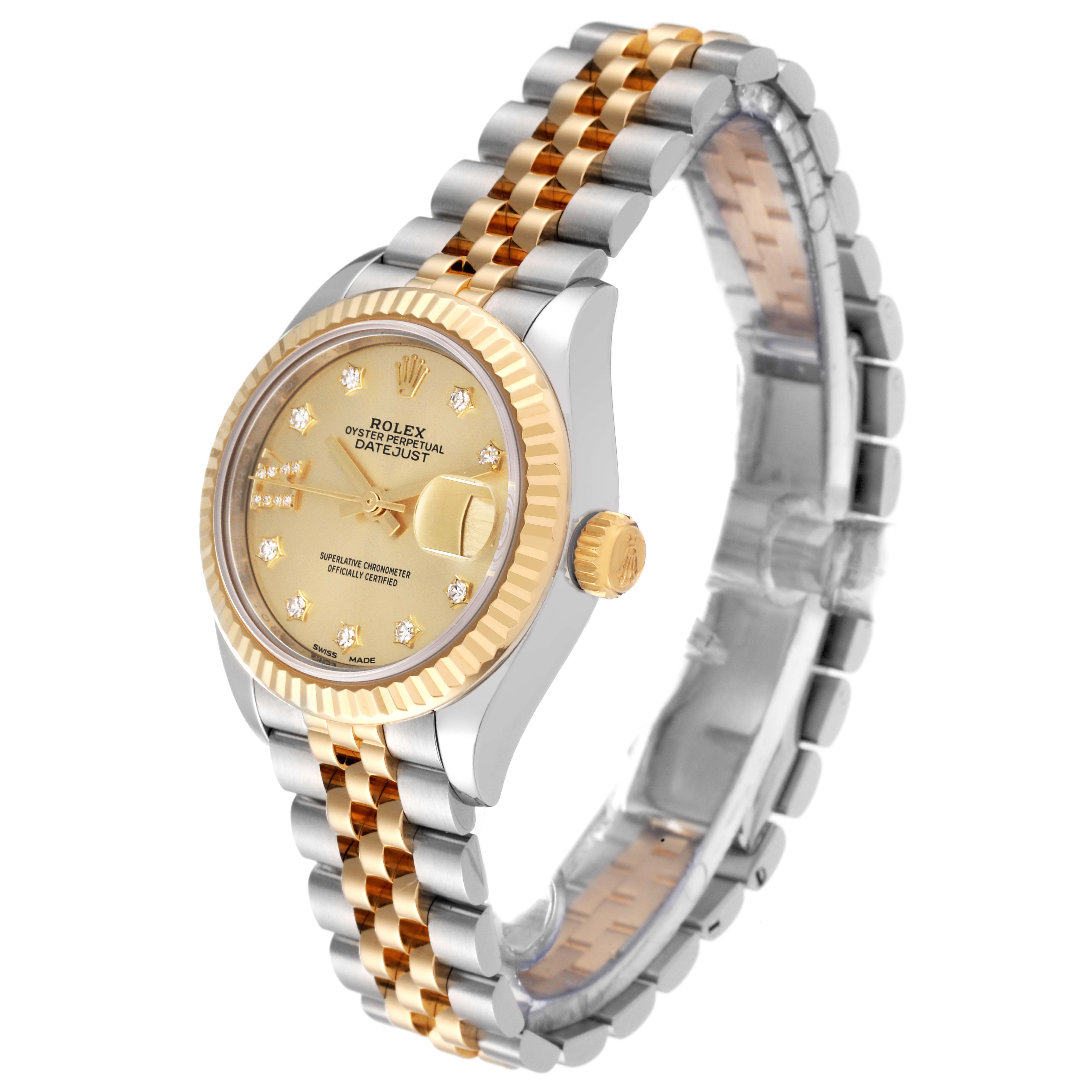 The Rolex Datejust 279173 Women's Steel and Gold (two tone) Champagne Dial 279173 Women's Steel and Gold (two tone) Champagne Dial watch is shown at a three-quarter angle, displaying the dial, bezel, crown, and two-tone bracelet.