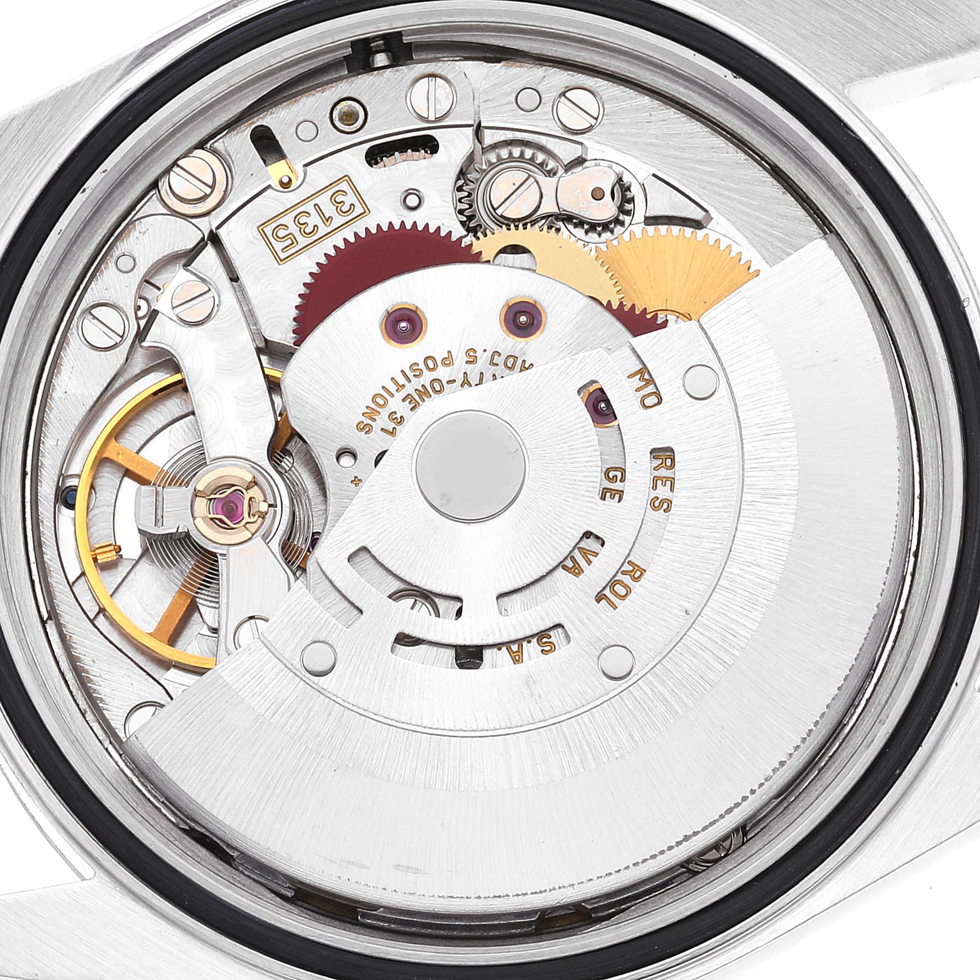 This image shows the internal movement mechanism of the Rolex Datejust 16234 Men's Stainless Steel Blue Dial 16234 Men's Stainless Steel Blue Dial watch from a rear angle.