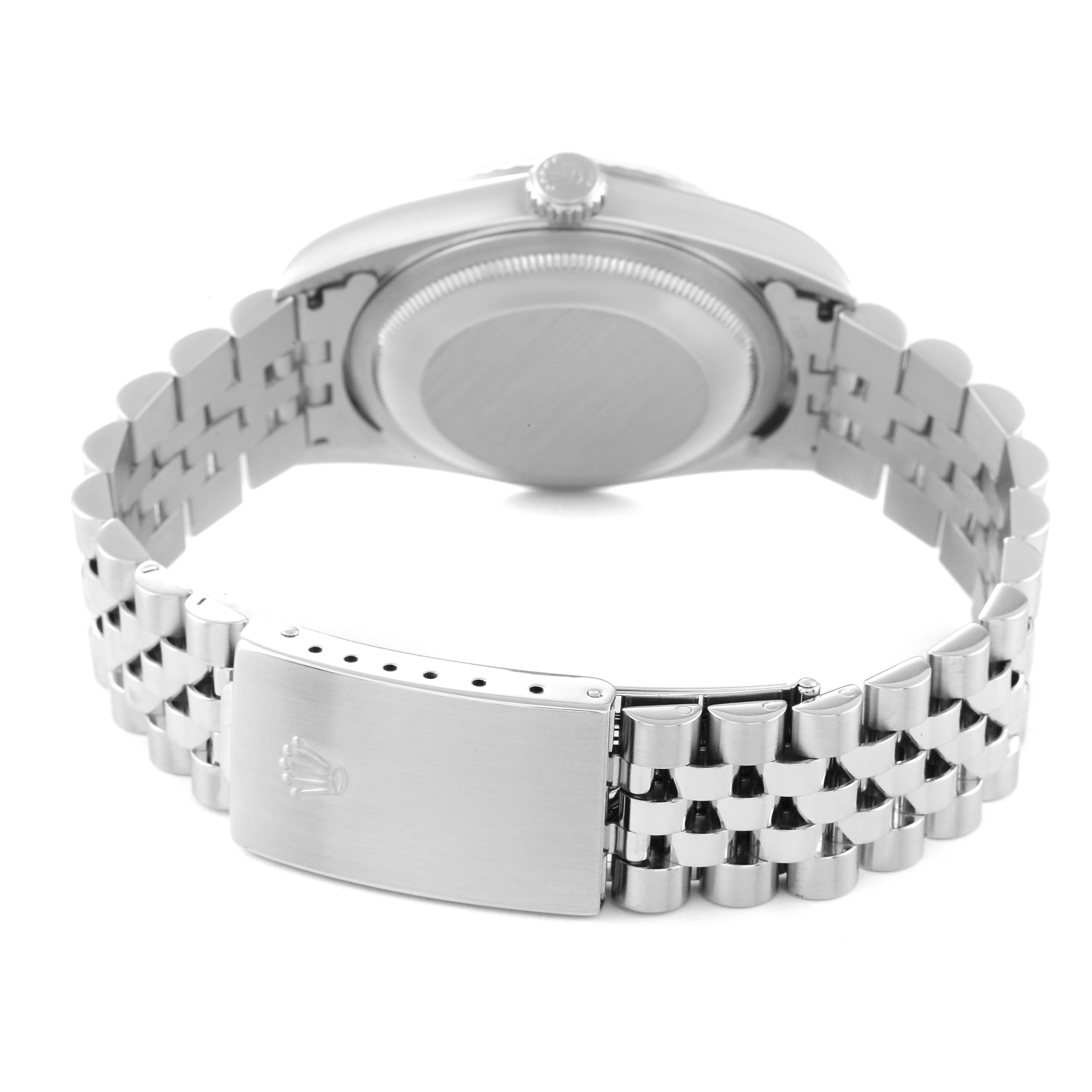 This image shows the back case and bracelet with the clasp of a Rolex Datejust 16234 Men's Stainless Steel Blue Dial 16234 Men's Stainless Steel Blue Dial watch from a rear angle.