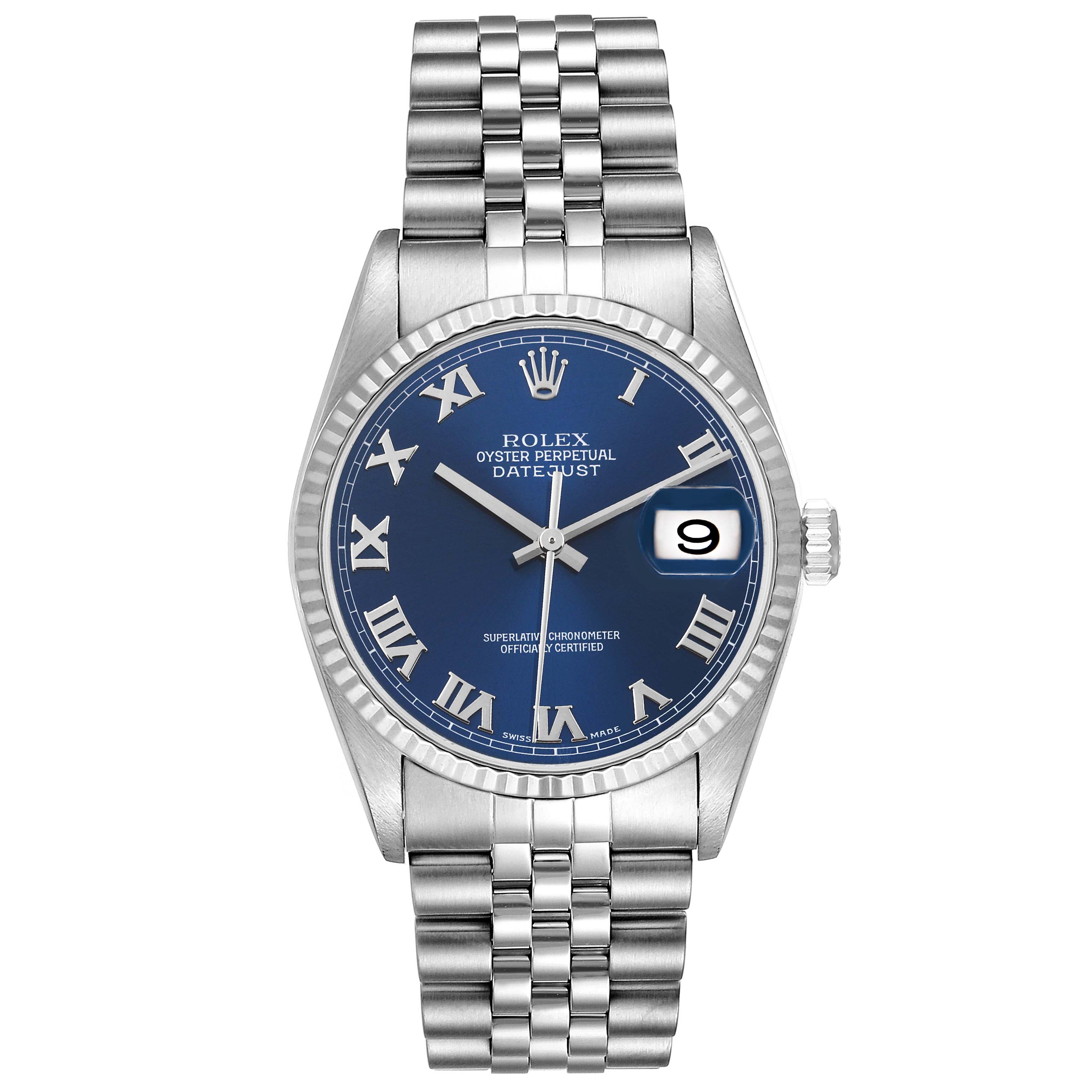The image shows a frontal view of a Rolex Datejust 16234 Men's Stainless Steel Blue Dial 16234 Men's Stainless Steel Blue Dial watch, featuring its blue dial, Roman numerals, fluted bezel, and Jubilee bracelet.
