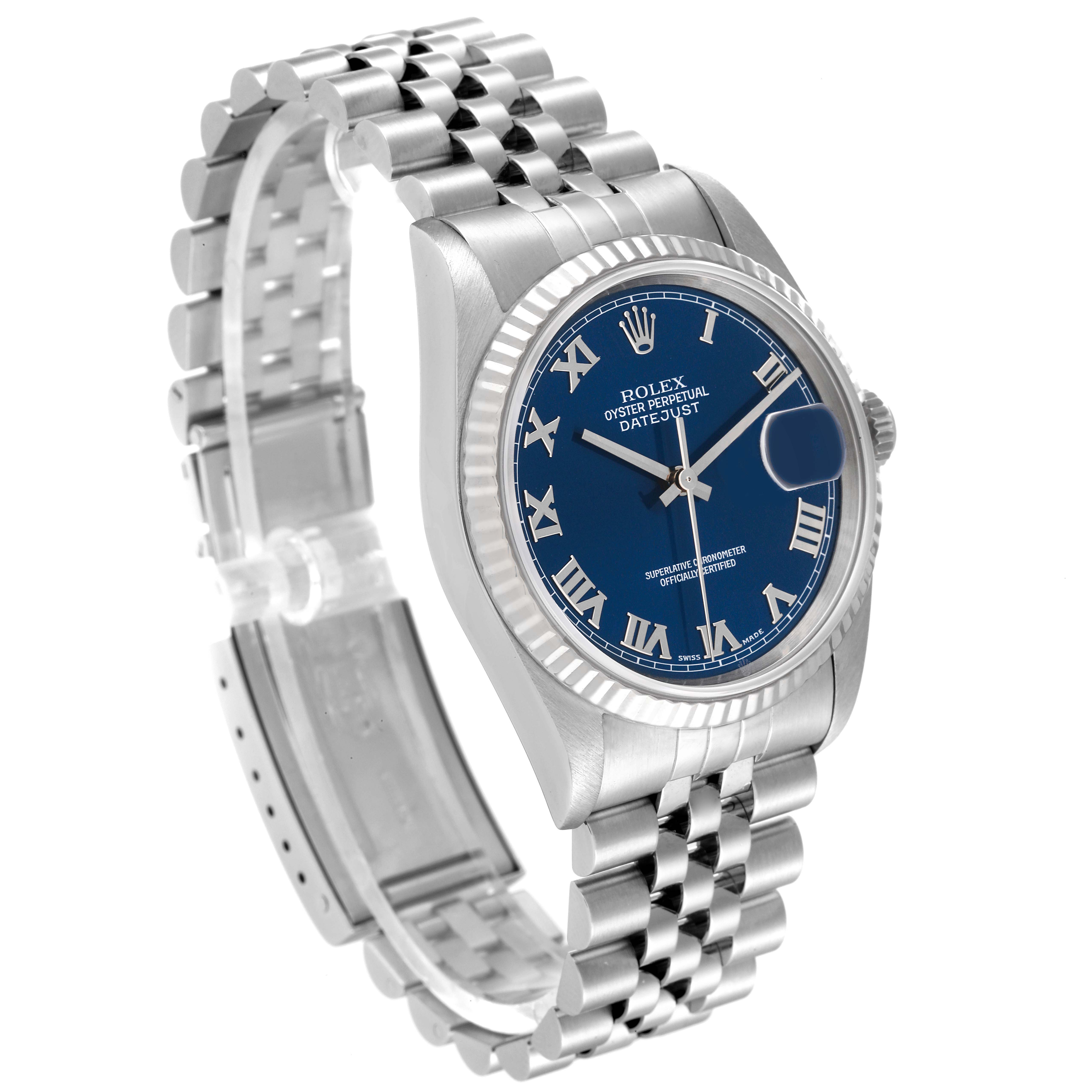 The image shows a Rolex Datejust 16234 Men's Stainless Steel Blue Dial 16234 Men's Stainless Steel Blue Dial watch with a blue dial and Roman numerals, viewed at an angled side profile, highlighting the case and Jubilee bracelet.