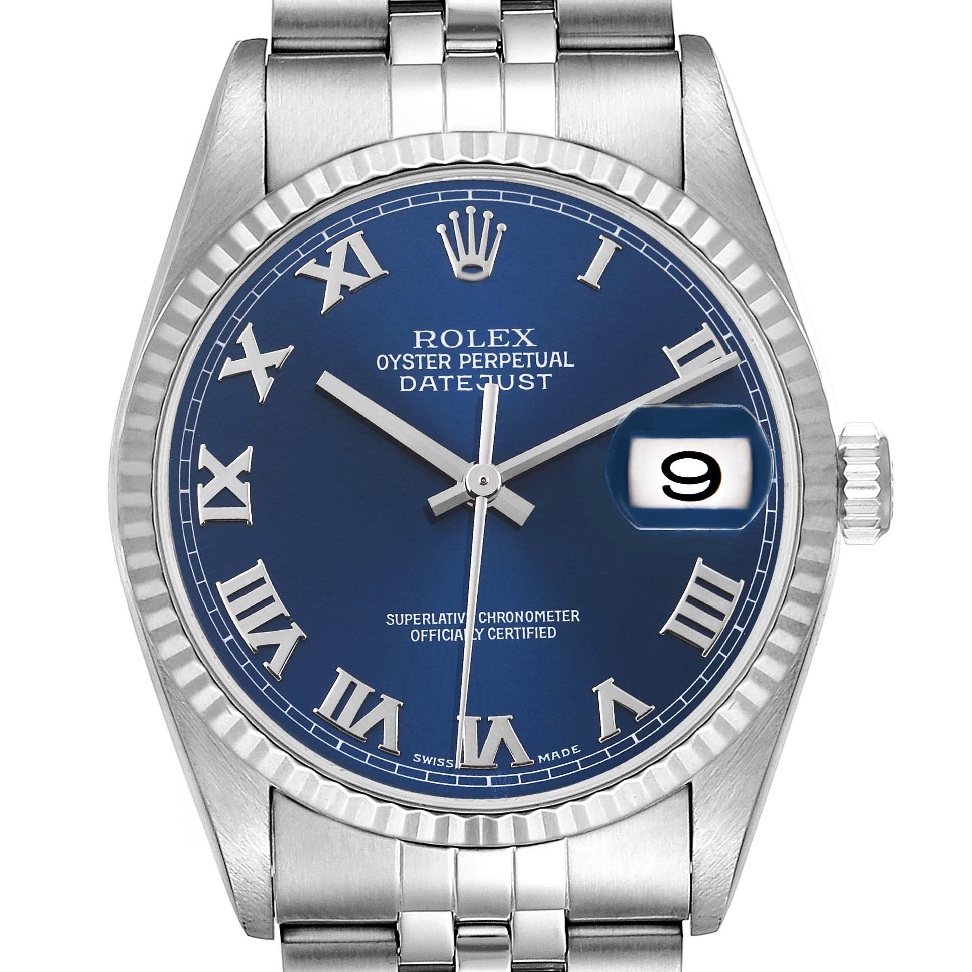This image shows a straight-on view of the Rolex Datejust 16234 Men's Stainless Steel Blue Dial 16234 Men's Stainless Steel Blue Dial watch, displaying its blue dial, Roman numerals, and date window at 3 o'clock.
