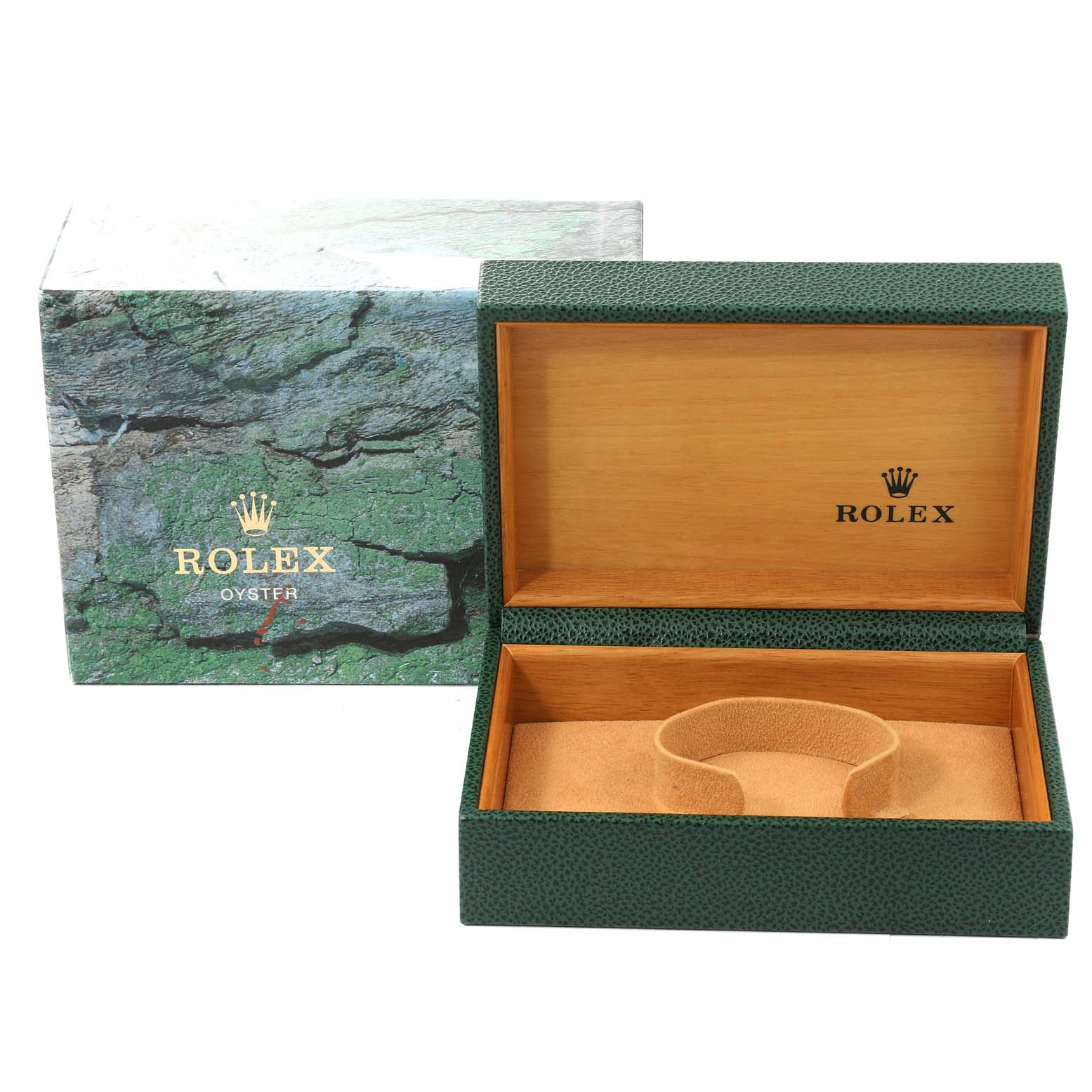 The image shows an open green and wooden Rolex watch box for the Datejust model, placed in front of its outer textured protective box.