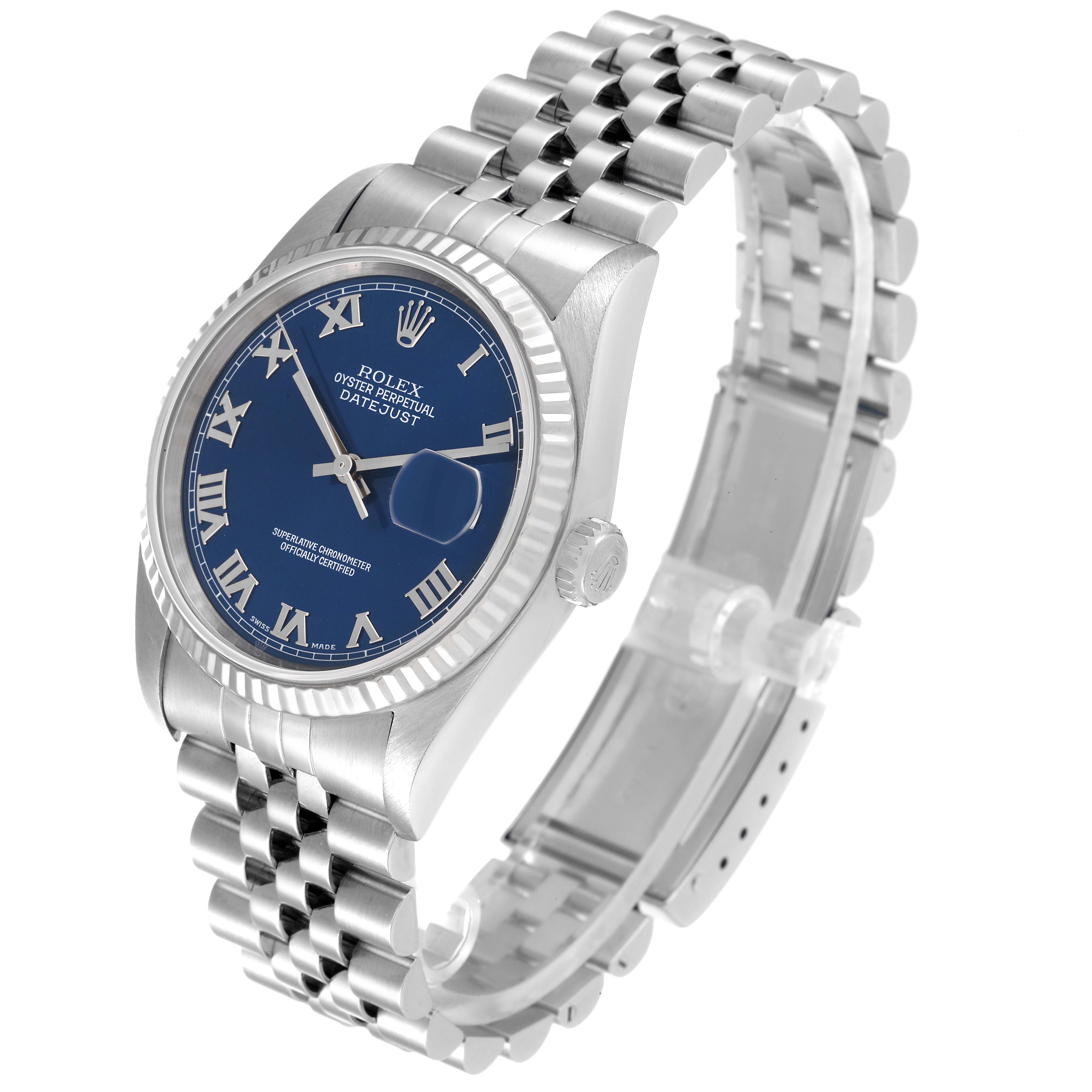 This image shows a side angle of the Rolex Datejust 16234 Men's Stainless Steel Blue Dial 16234 Men's Stainless Steel Blue Dial watch, displaying the face, bezel, crown, and part of the bracelet.