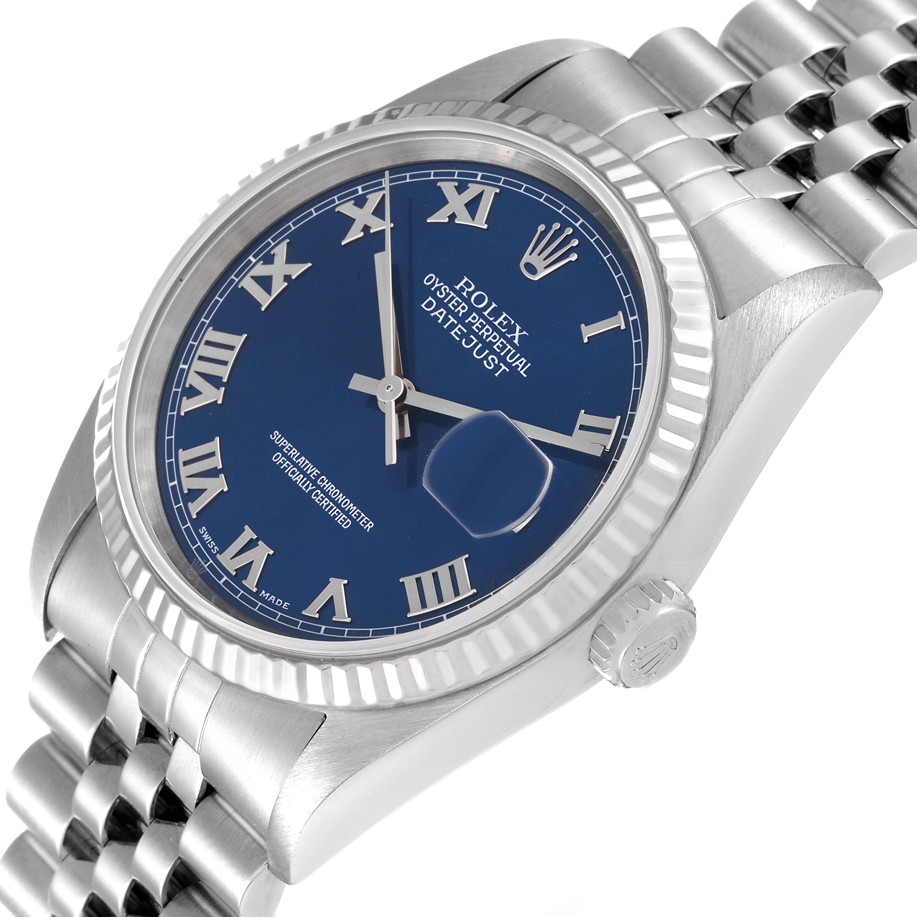 This image shows a close-up angle of the Rolex Datejust 16234 Men's Stainless Steel Blue Dial 16234 Men's Stainless Steel Blue Dial watch, highlighting the blue dial, Roman numerals, and fluted bezel.