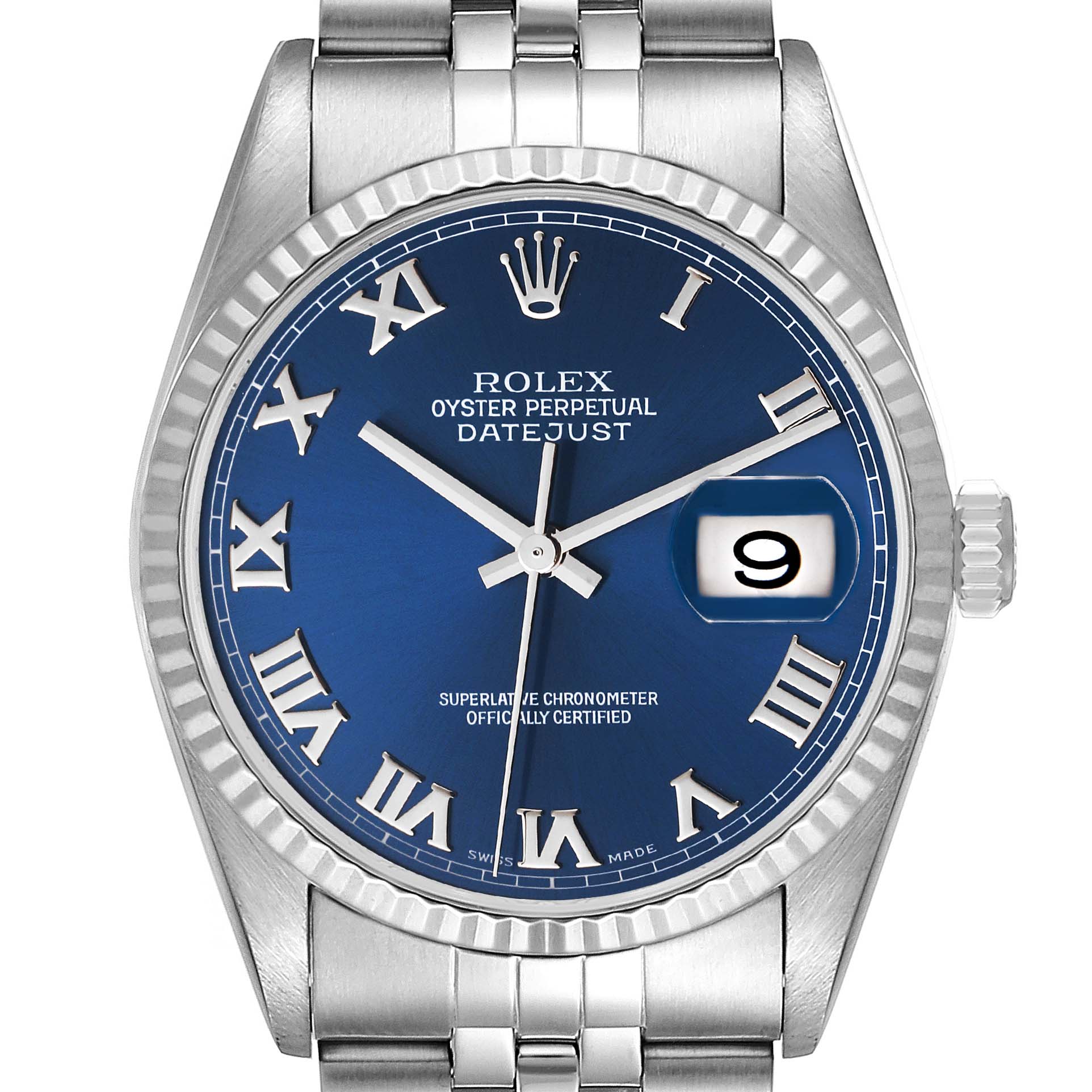 The image shows a front view of a Rolex Datejust 16234 Men's Stainless Steel Blue Dial 16234 Men's Stainless Steel Blue Dial watch, highlighting its blue dial, Roman numerals, and date window at 3 o'clock.