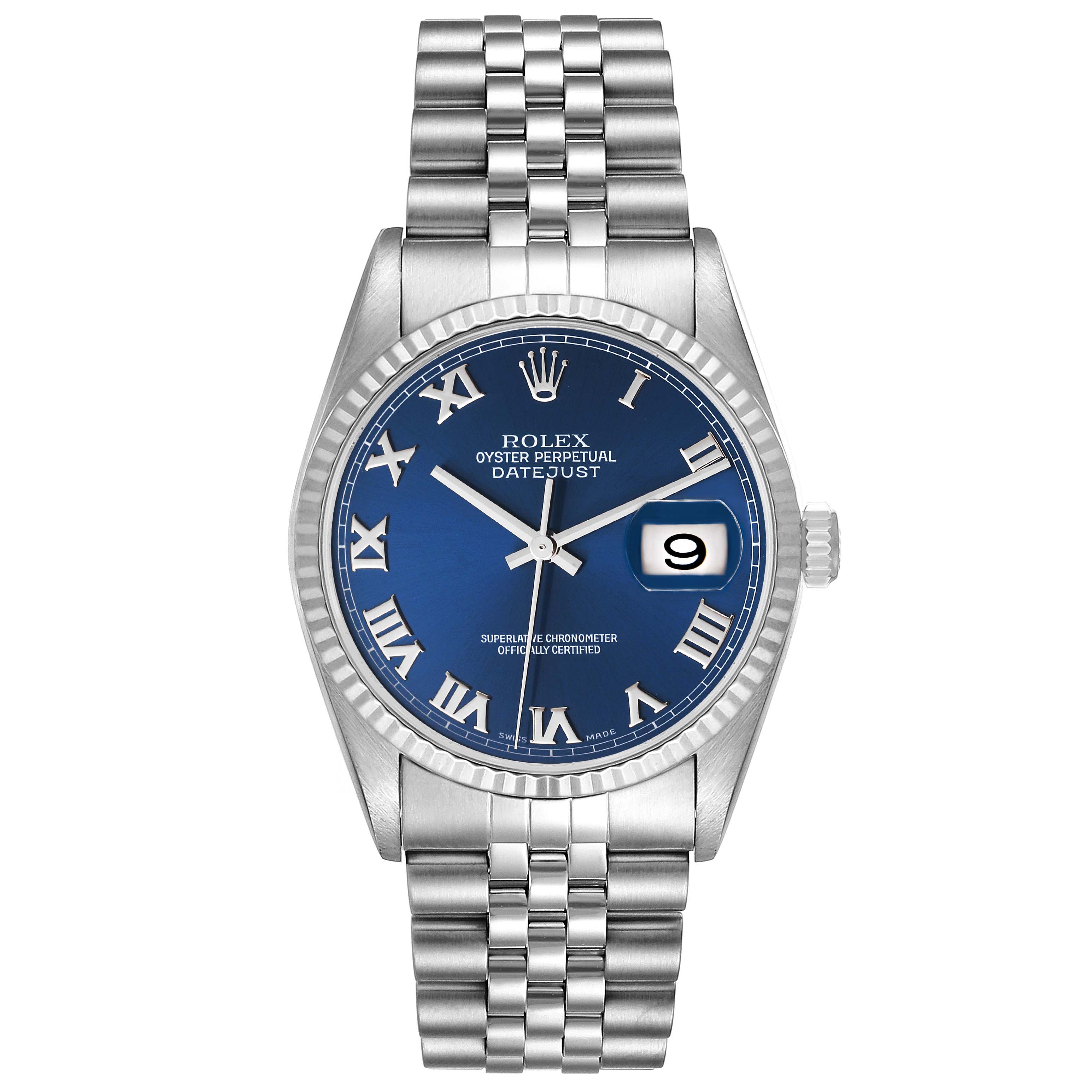 The Rolex Datejust 16234 Men's Stainless Steel Blue Dial 16234 Men's Stainless Steel Blue Dial watch is shown from a front angle, displaying its blue dial, fluted bezel, and Jubilee bracelet.
