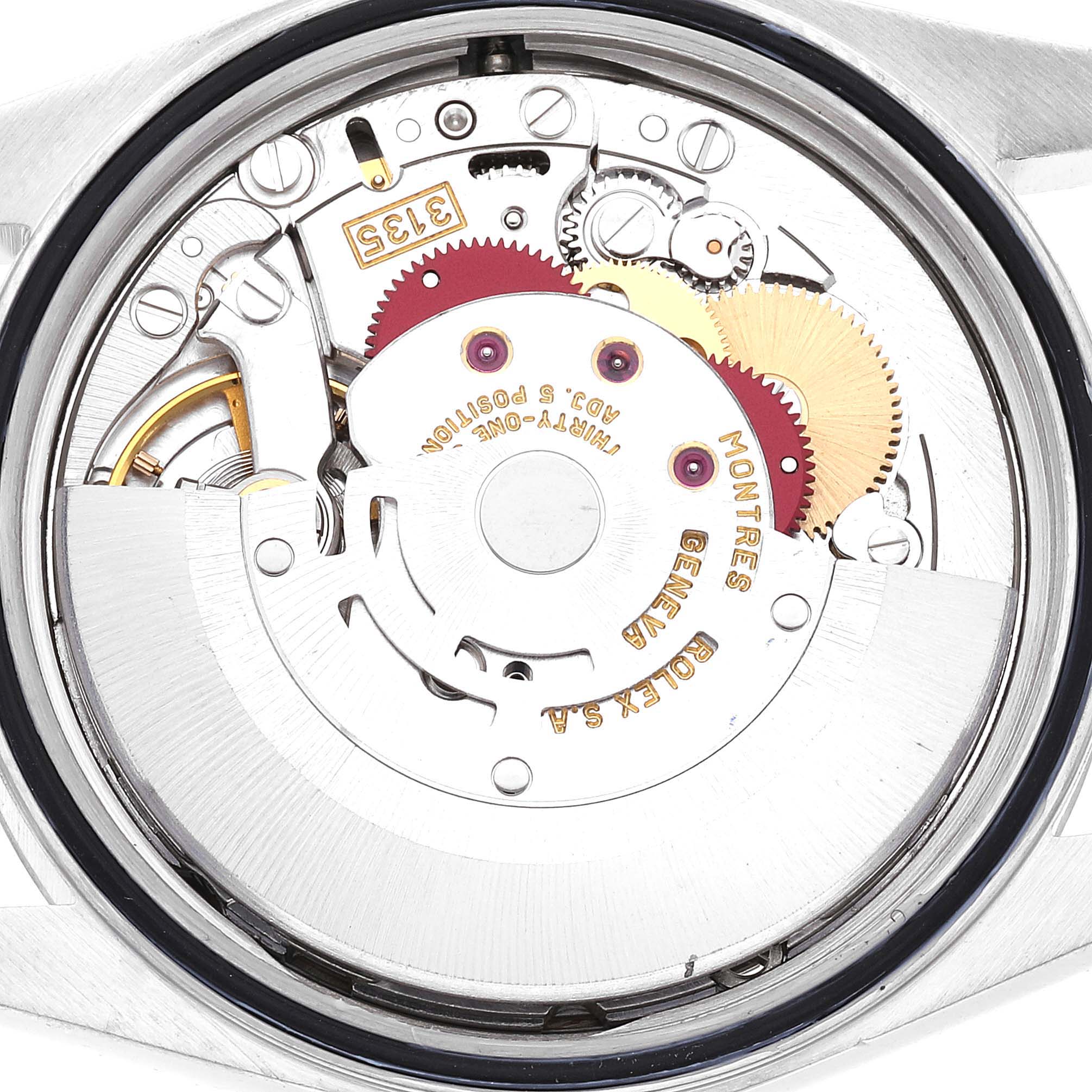 This image shows the movement mechanism of a Rolex Datejust 16234 Men's Stainless Steel Blue Dial 16234 Men's Stainless Steel Blue Dial watch from a back angle.