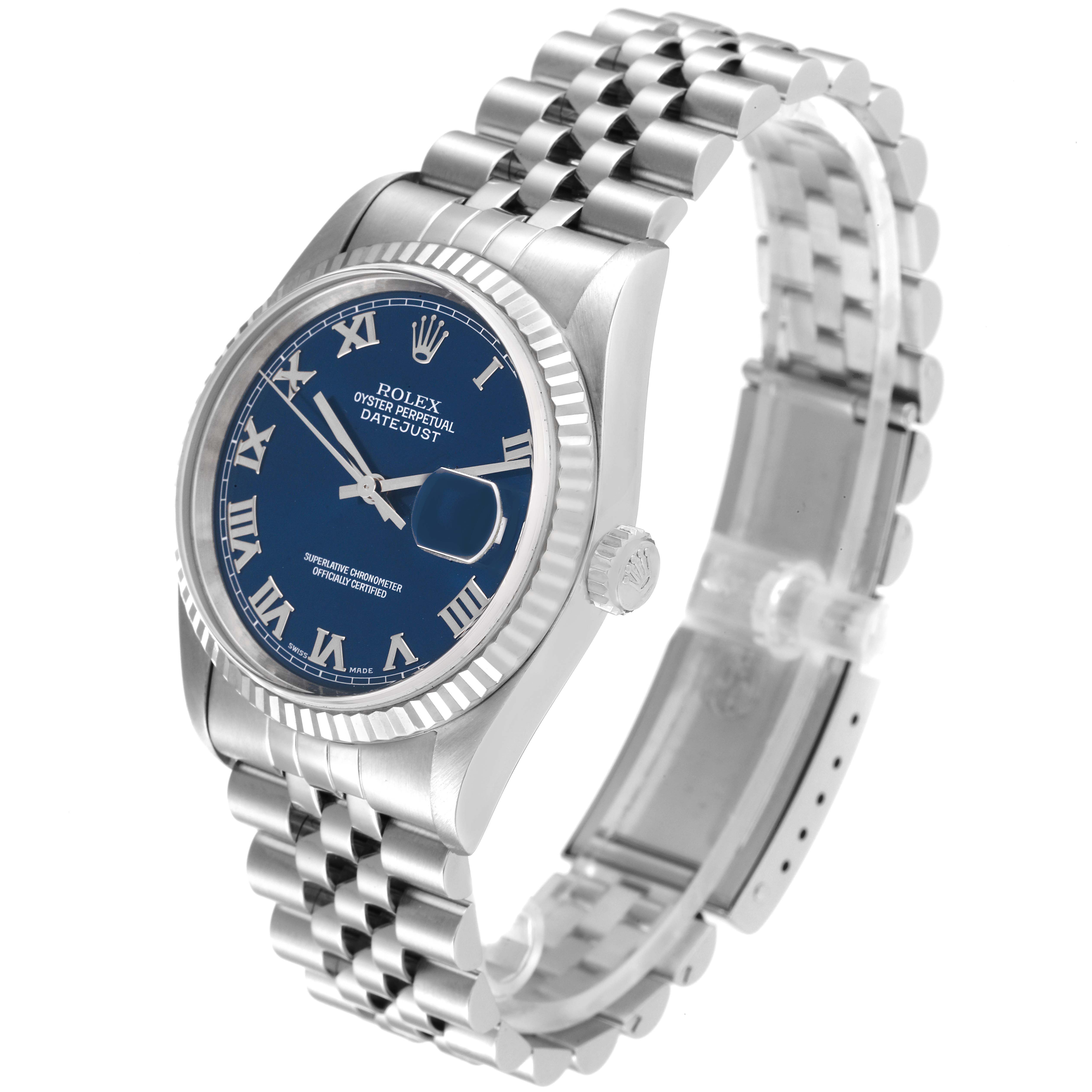 The image shows a Rolex Datejust 16234 Men's Stainless Steel Blue Dial 16234 Men's Stainless Steel Blue Dial watch from an angled side view, highlighting the bezel, dial, and bracelet.