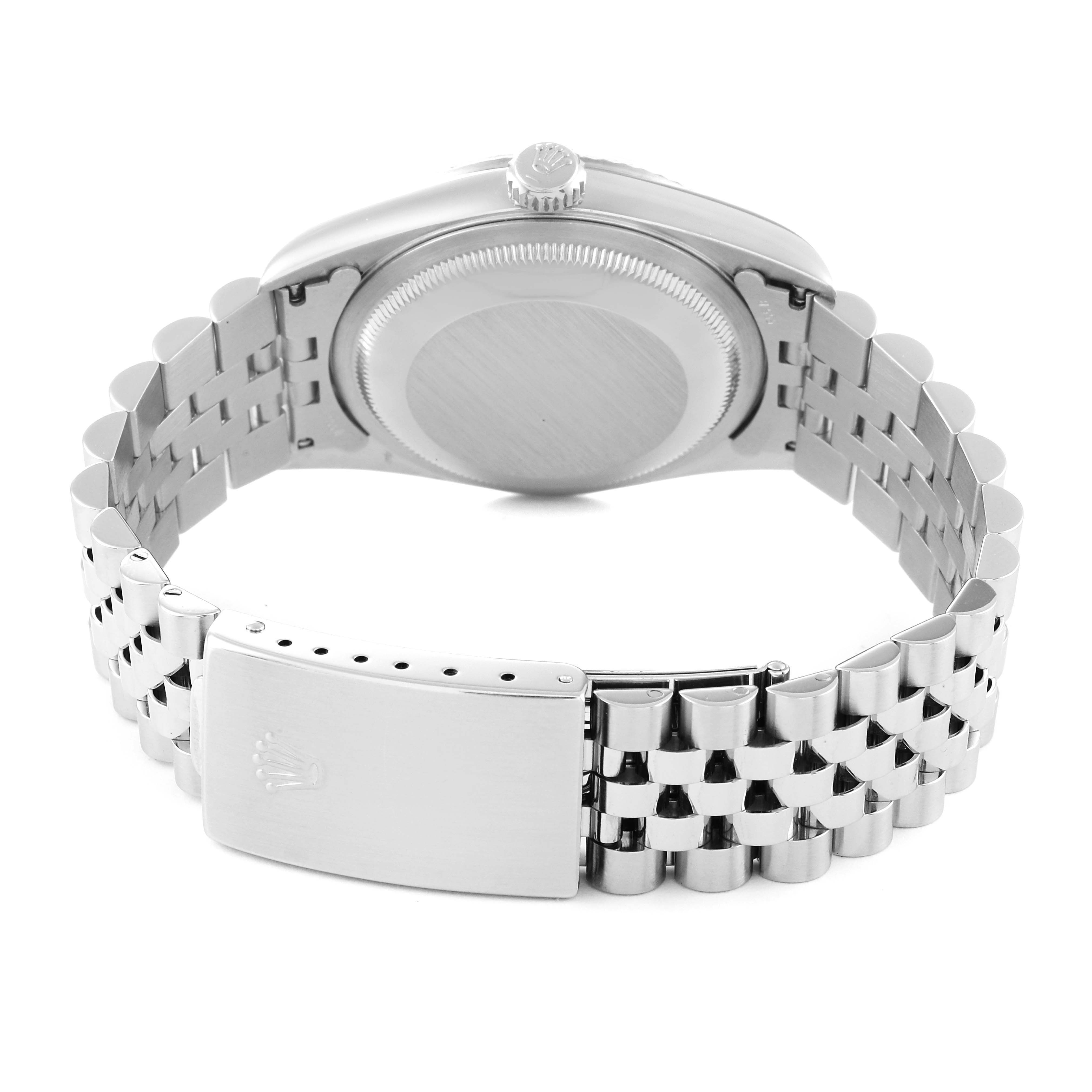 This image shows the back view of a Rolex Datejust 16234 Men's Stainless Steel Blue Dial 16234 Men's Stainless Steel Blue Dial watch, highlighting the case back, crown, and bracelet with clasp.