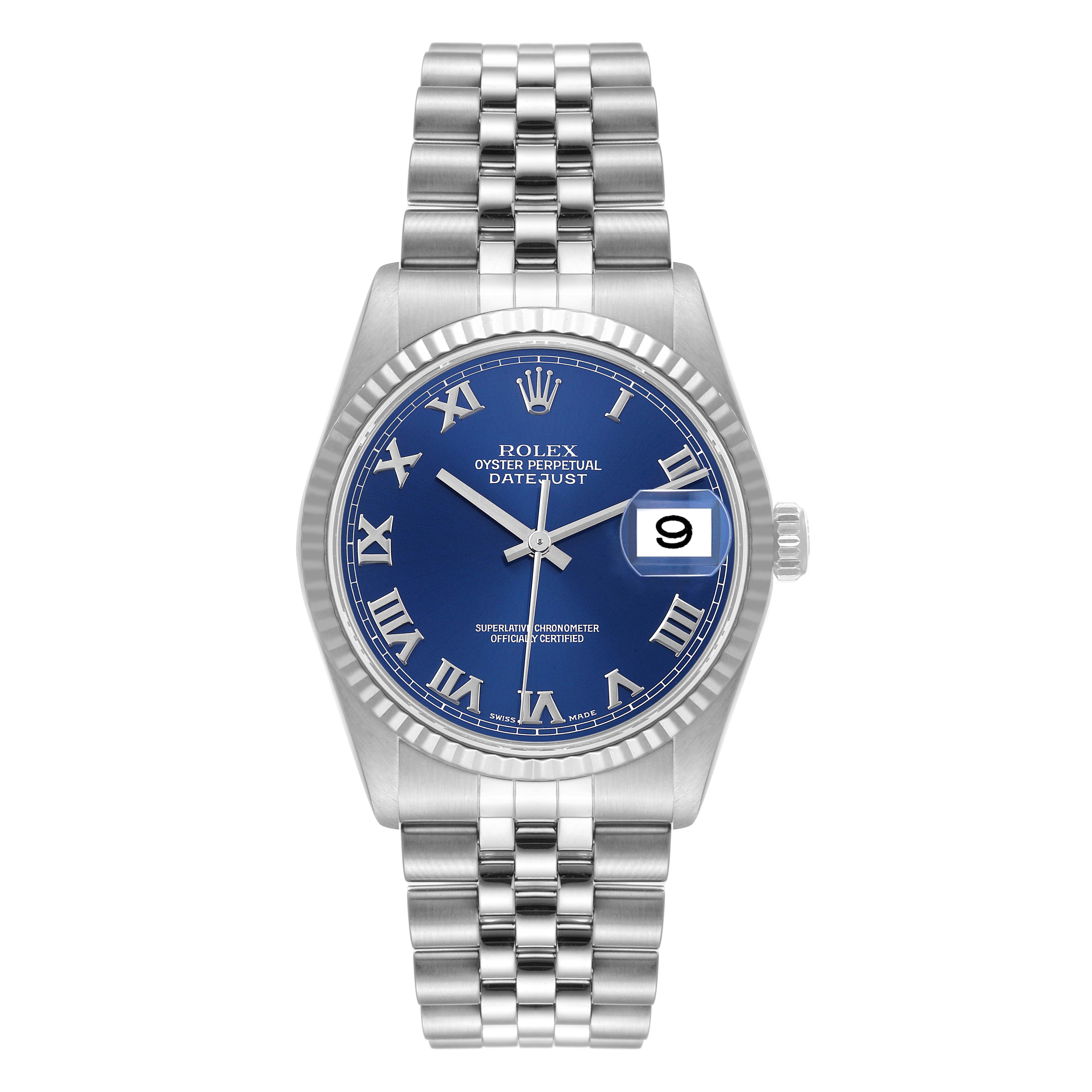 The image shows a Rolex Datejust 16234 Men's Stainless Steel Blue Dial 16234 Men's Stainless Steel Blue Dial watch with a blue Roman numeral dial, silver bezel, and jubilee bracelet, viewed from the front.