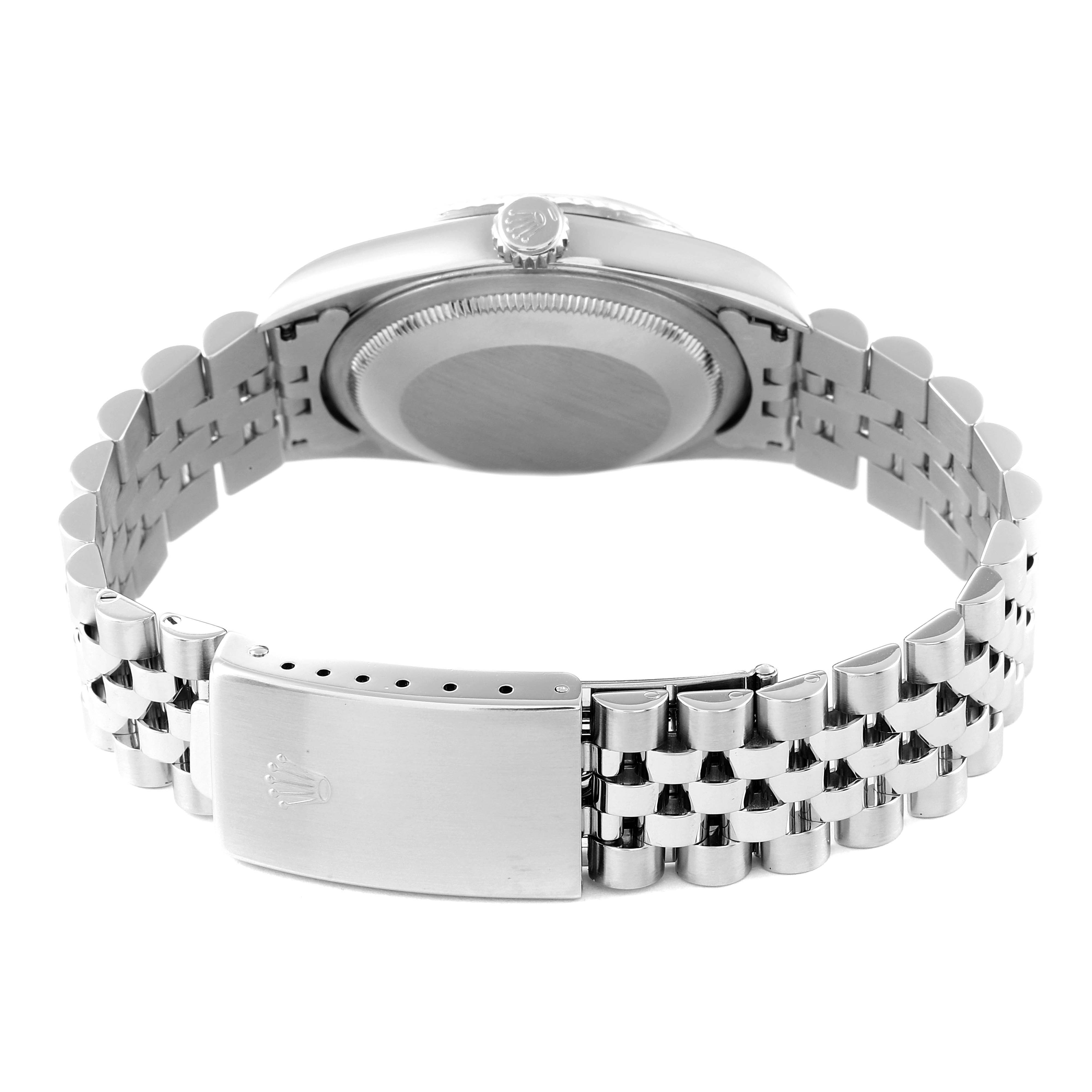 This image shows the rear view of a Rolex Datejust 16234 Men's Stainless Steel Blue Dial 16234 Men's Stainless Steel Blue Dial watch, displaying the case back and the Jubilee bracelet with the clasp. 