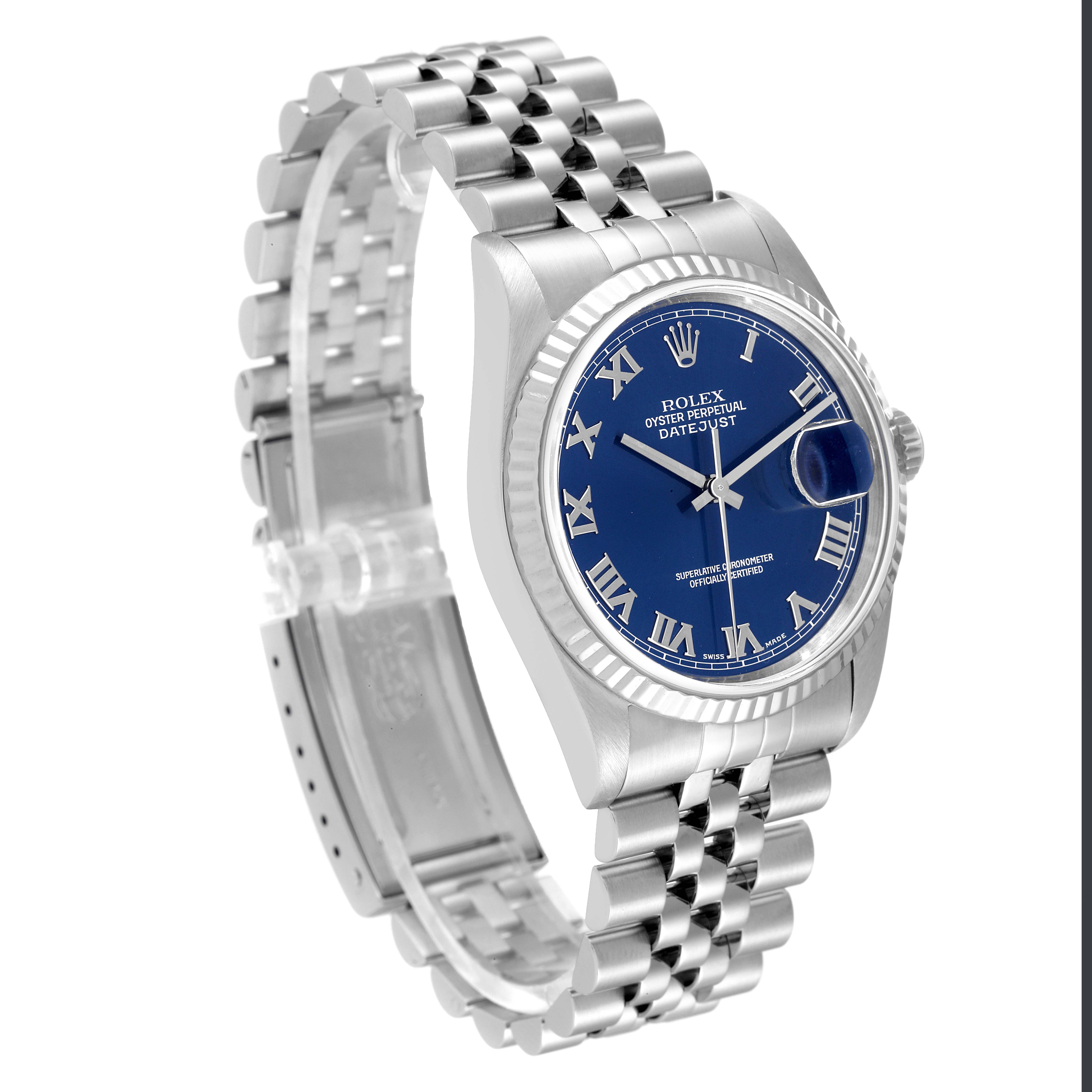 The image shows a side angle of the Rolex Datejust 16234 Men's Stainless Steel Blue Dial 16234 Men's Stainless Steel Blue Dial watch, highlighting its blue dial, Roman numeral markers, and Jubilee bracelet.