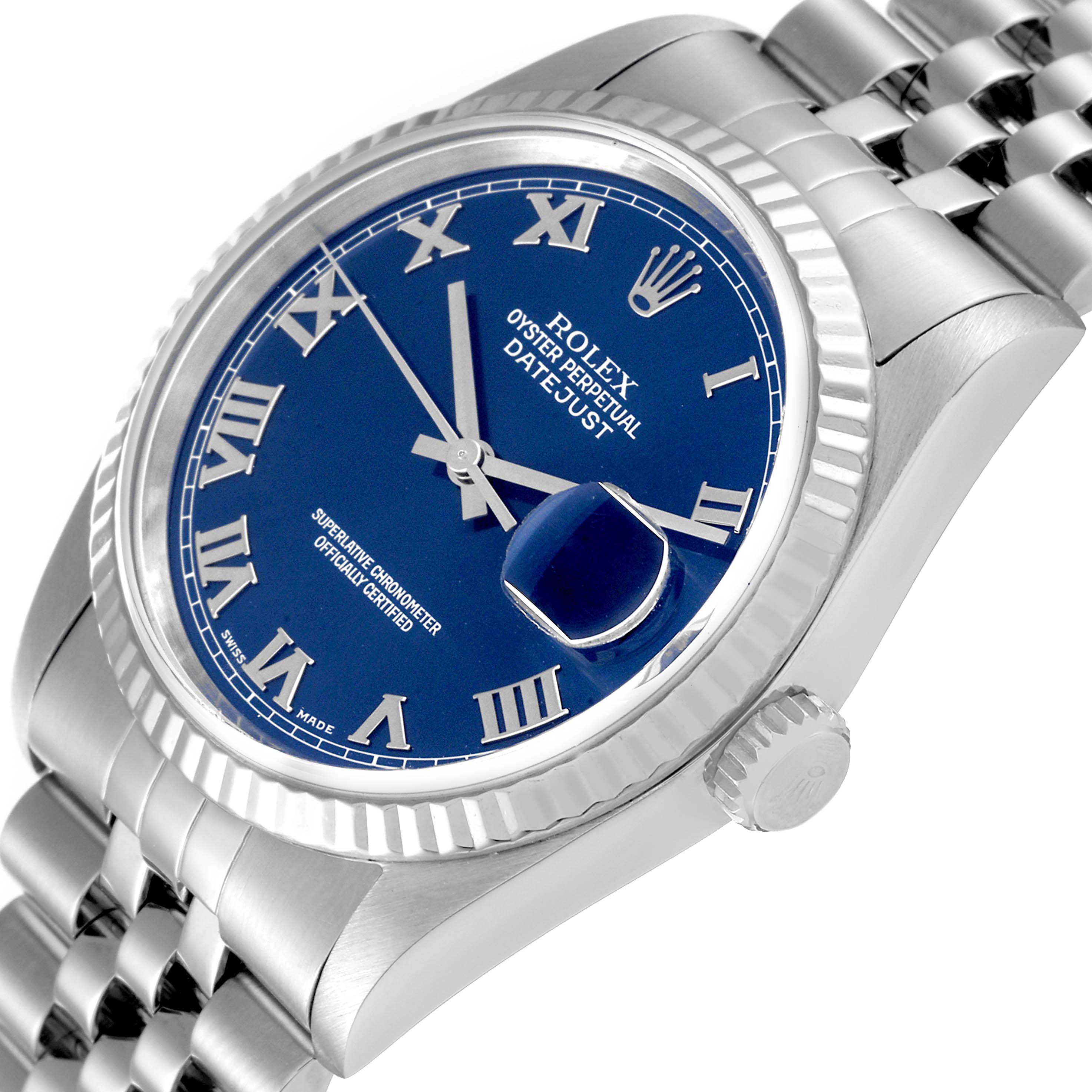 The image shows a Rolex Datejust 16234 Men's Stainless Steel Blue Dial 16234 Men's Stainless Steel Blue Dial watch at an angle highlighting the dial, fluted bezel, crown, and bracelet links.