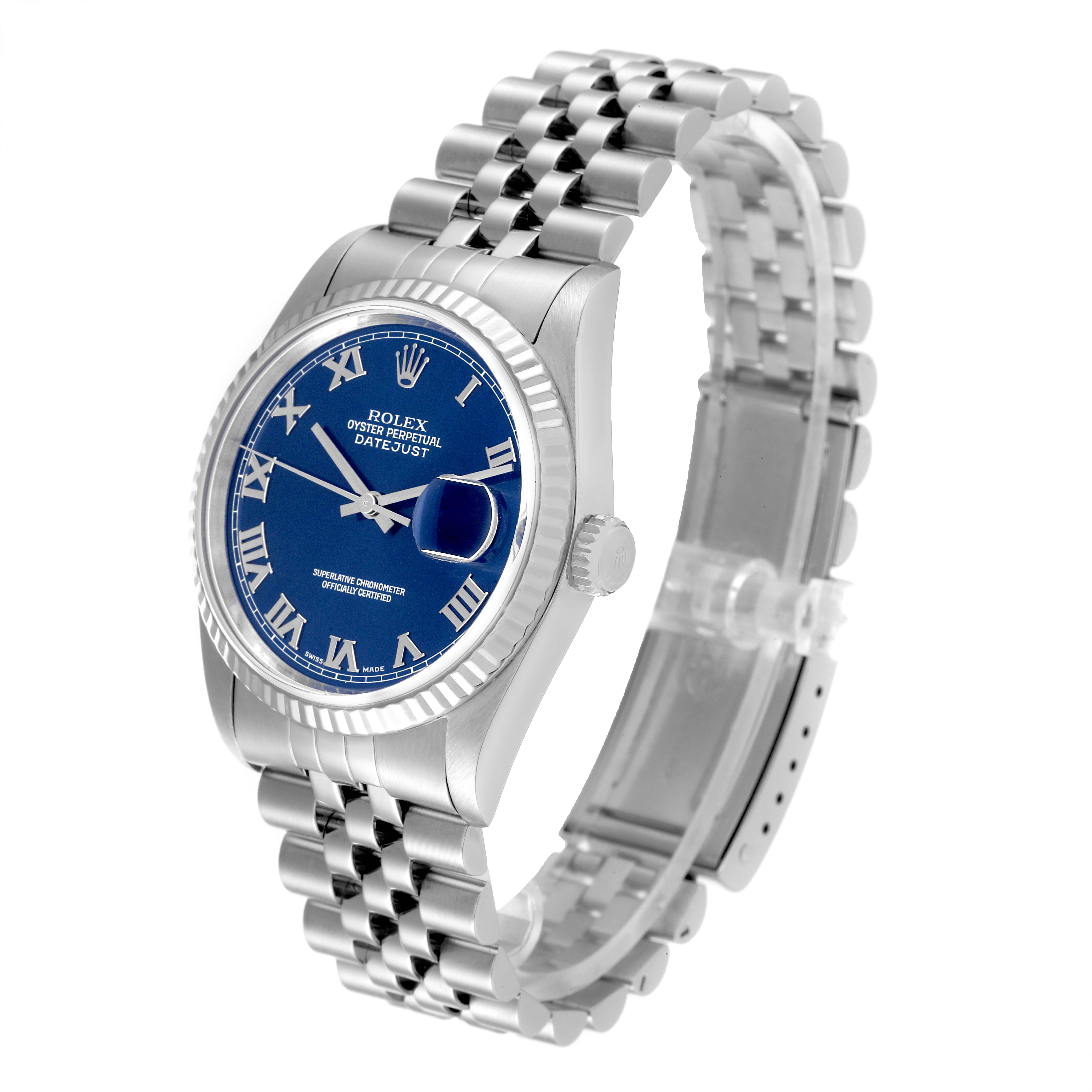 This image shows a side angle of the Rolex Datejust 16234 Men's Stainless Steel Blue Dial 16234 Men's Stainless Steel Blue Dial watch, highlighting its blue dial, Roman numerals, stainless steel case, and jubilee bracelet.