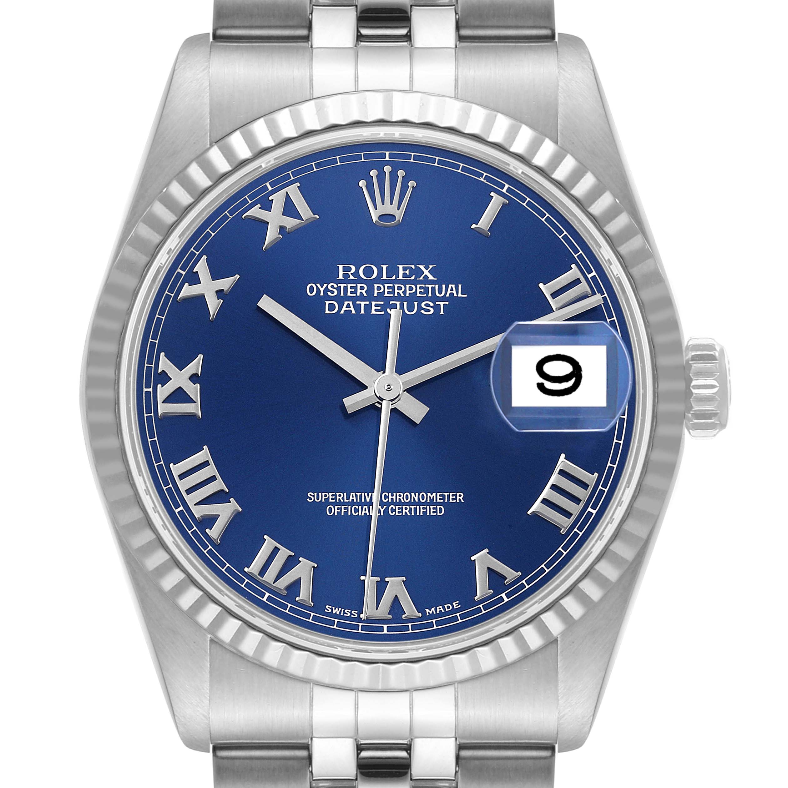 This image shows a front view of a Rolex Datejust 16234 Men's Stainless Steel Blue Dial 16234 Men's Stainless Steel Blue Dial watch displaying the dial, bezel, crown, and part of the bracelet.