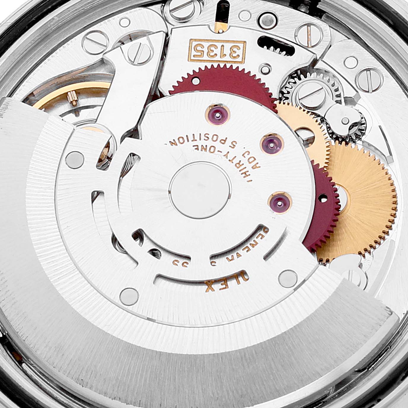 This image shows the intricate internal mechanism of a Rolex Datejust 16234 Men's Stainless Steel Blue Dial 16234 Men's Stainless Steel Blue Dial watch at a close-up angle.