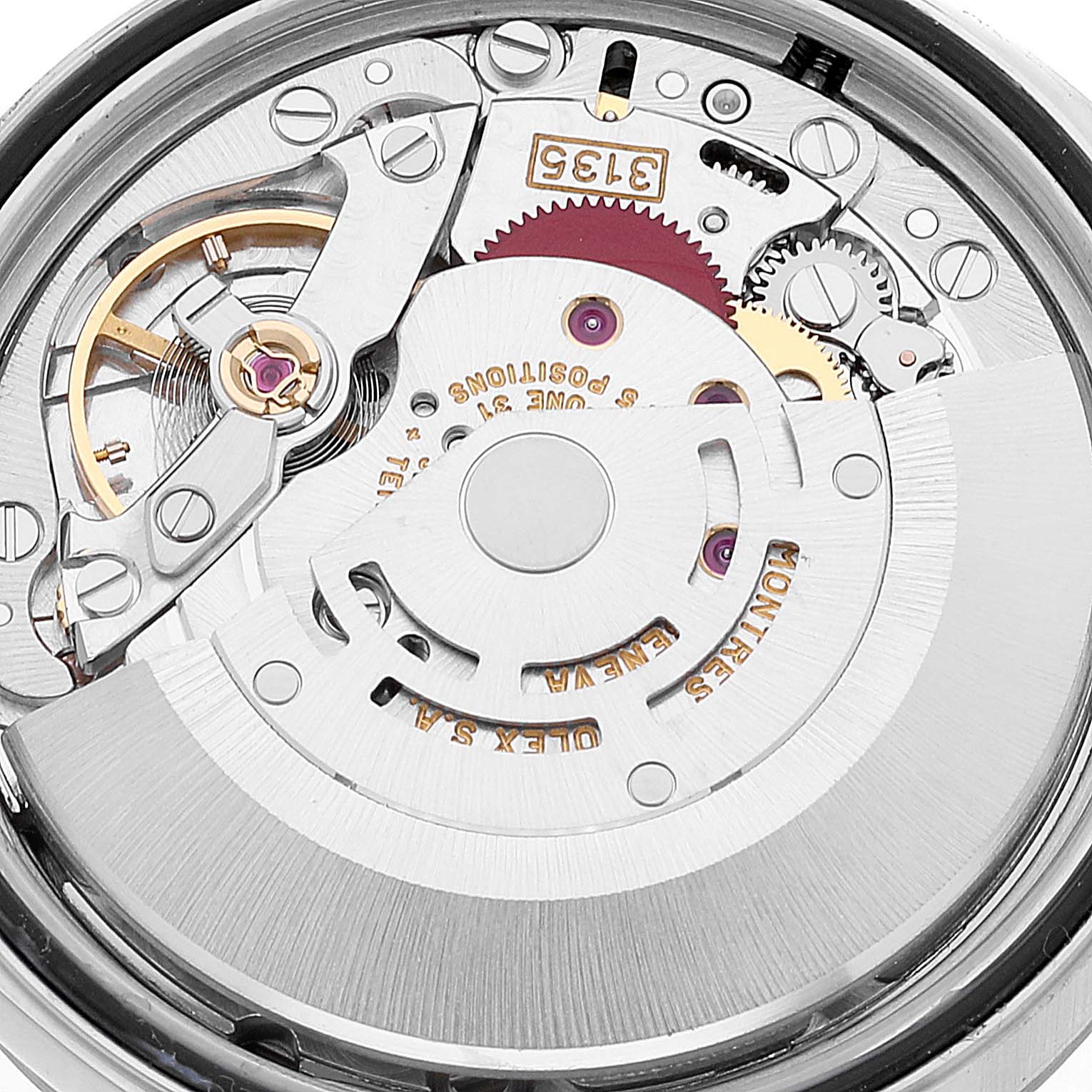 This is an angled view of the internal mechanism of a Rolex Datejust 16234 Men's Stainless Steel Pink Dial 16234 Men's Stainless Steel Pink Dial watch, highlighting the movement components.